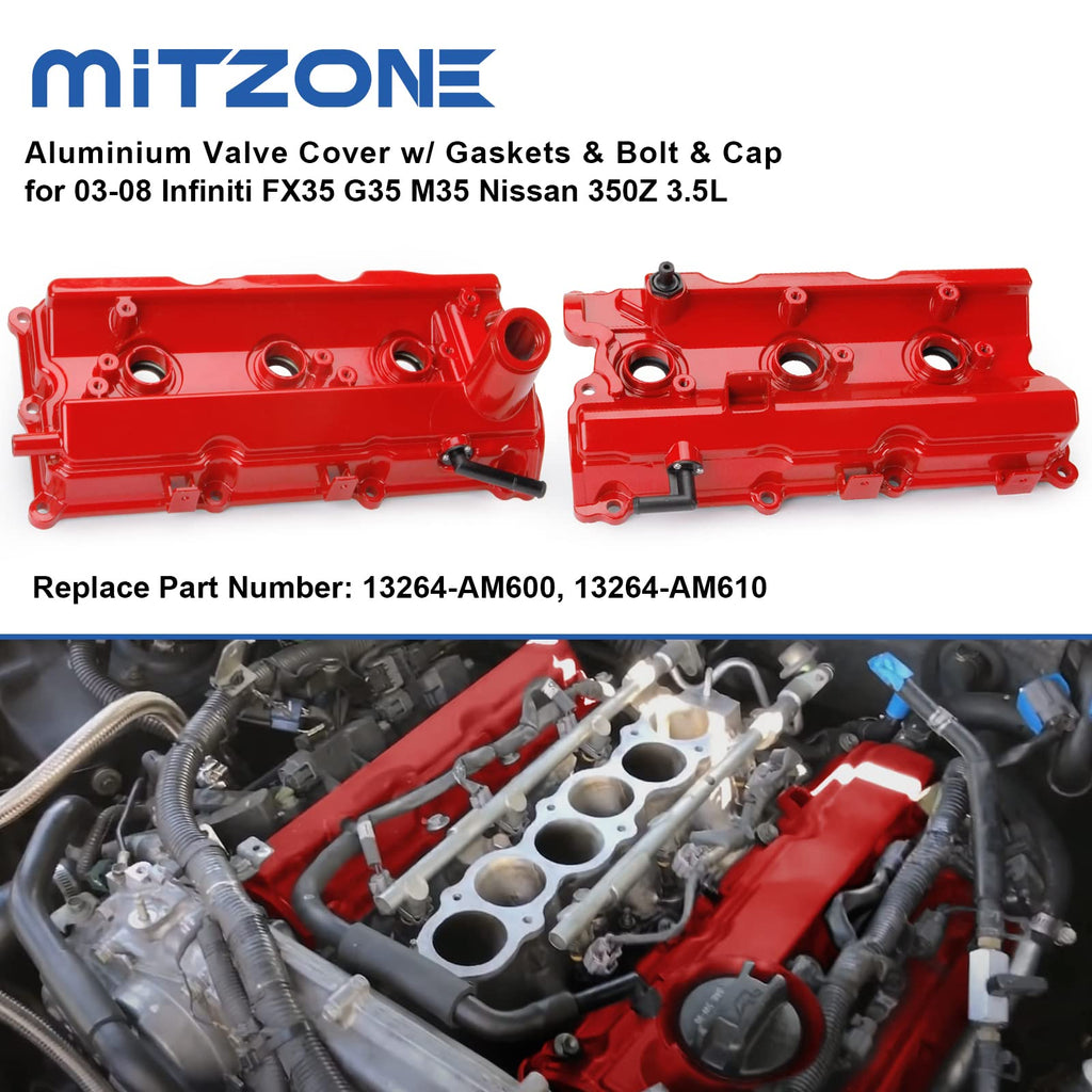 MITZONE Engine Valve Cover Set with Bolts & Oil Cap & Gaskets & Spark Plug Tube Seals & P CV Cover Compatible with 2003-2008 Nissan 350Z Infiniti FX35 G35 M35 VQ35DE 3.5L Part# 13264AM600 13264AM610