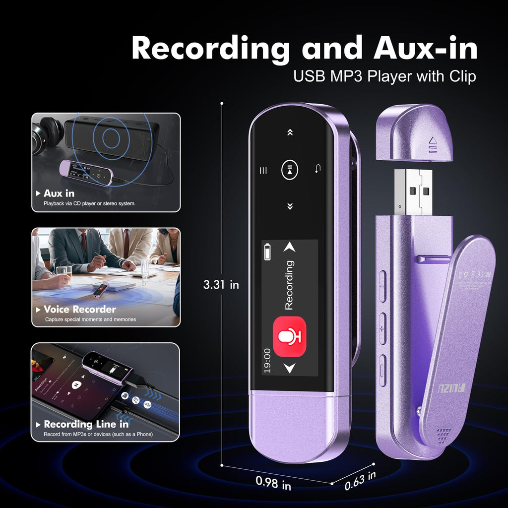 RUIZU 64GB USB MP3 Player with Bluetooth 5.3, Clip Jam Portable Music Player for Sports Running, USB MP3 Player Stick with FM Radio, Voice Recorder, Digital Audio Shuffle Repeat, Phone File Transfer