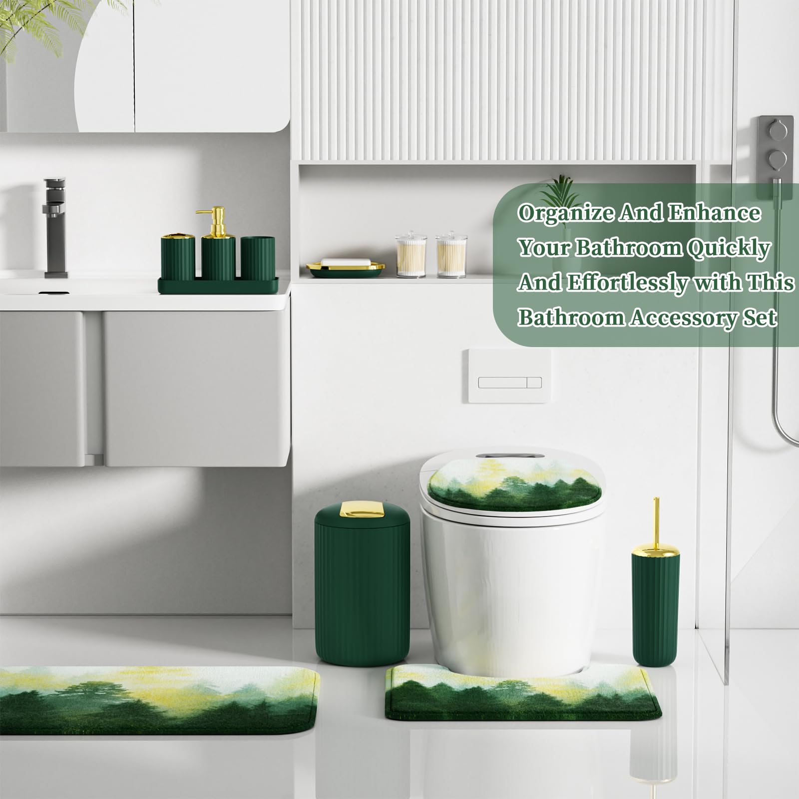 XLHOMO 24 PCS Black Bathroom Accessories Set with Shower Curtain and Rugs, Bathroom Decor Set with Trash Can, Toilet Brush, Soap Dispenser, Toothbrush Holder, Tumbler, Soap Dish and Jars