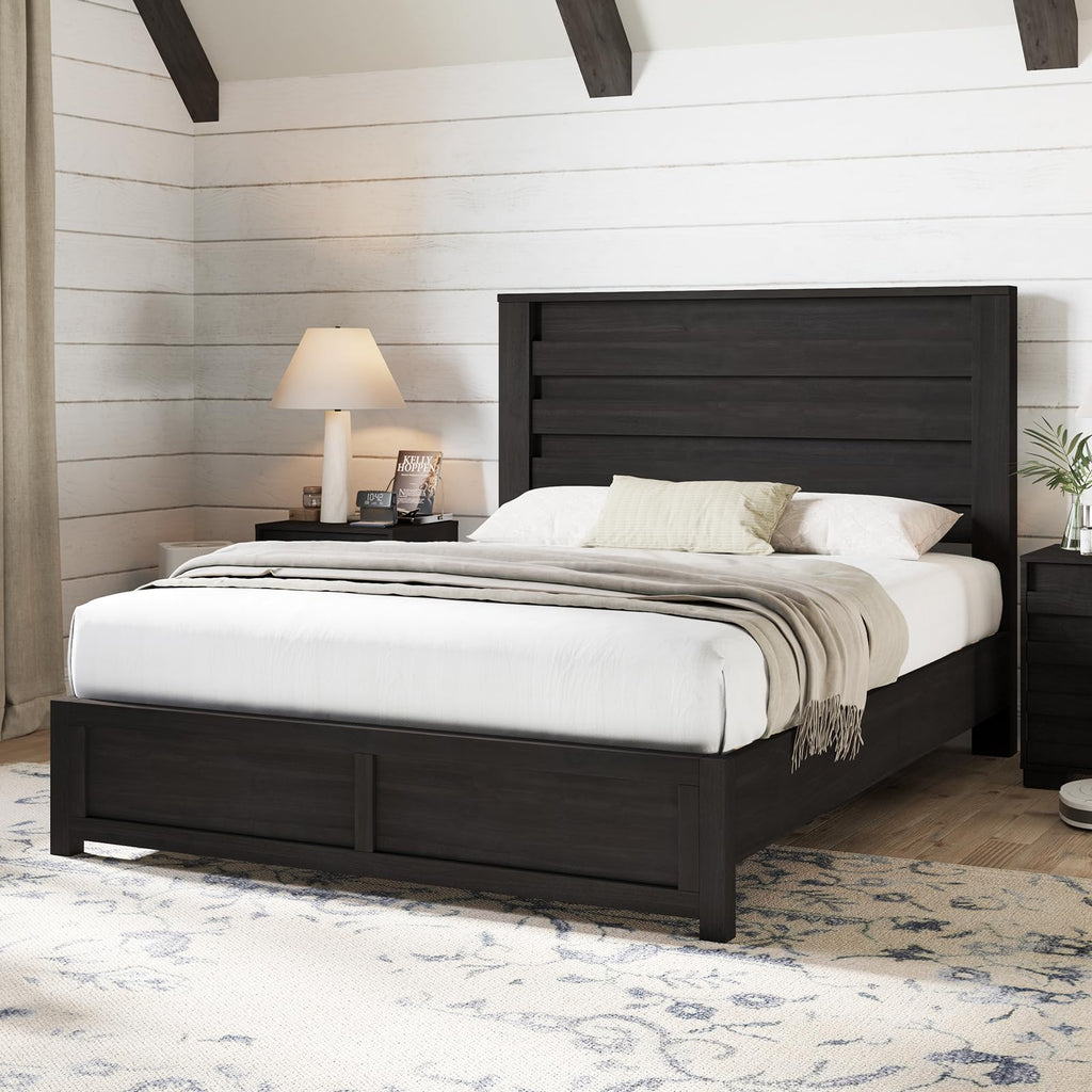 AMERLIFE Farmhouse Full Size Bed Frame with 49" Fluted Headboard, Wood Platform Bed with Natural Grain, No Box Spring Needed/Noise Free, Black