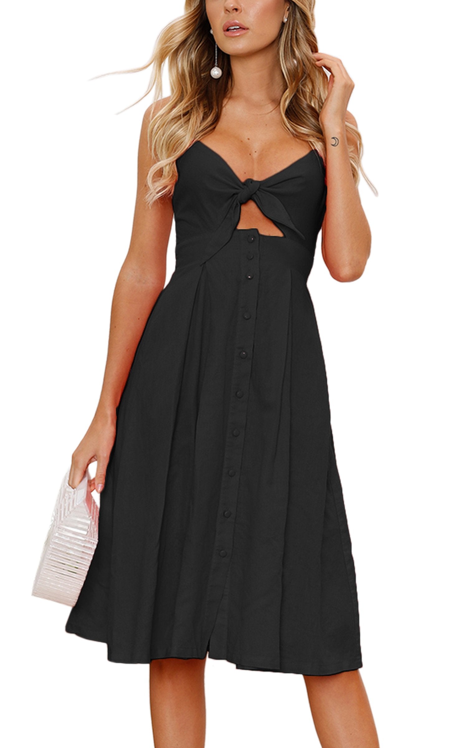 ECOWISH Women 2026 Summer Dresses Tie Front V-Neck Spaghetti Strap Button Down A-Line Backless Swing Midi Dress