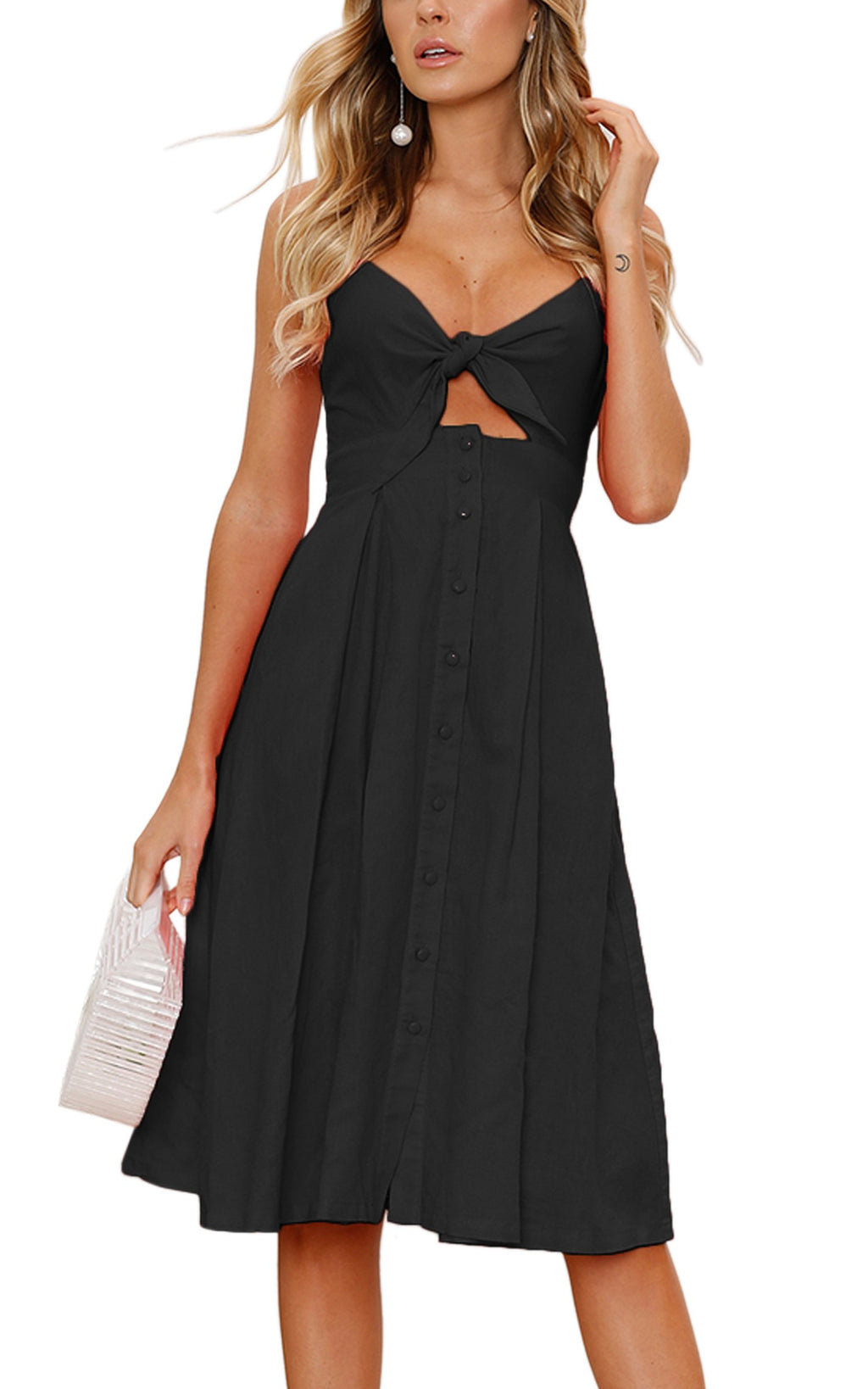 ECOWISH Women 2026 Summer Dresses Tie Front V-Neck Spaghetti Strap Button Down A-Line Backless Swing Midi Dress
