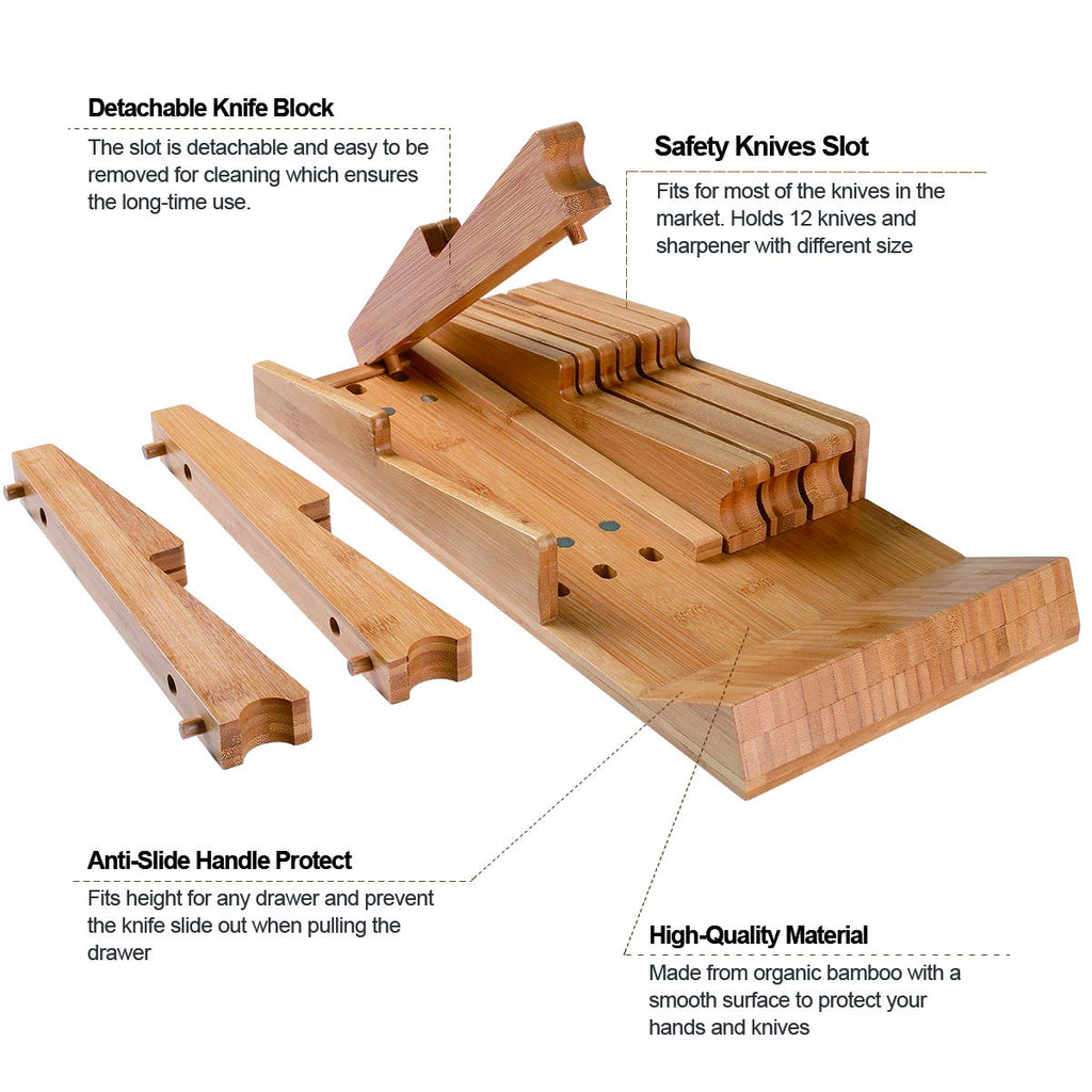 NIUXX Bamboo In-Drawer Knife Block Set for 9 Knives(Not Included), Large Kitchen Detachable Washable Cutlery Slot Organizer Storage Holder for Sharpening Steel and Cutter