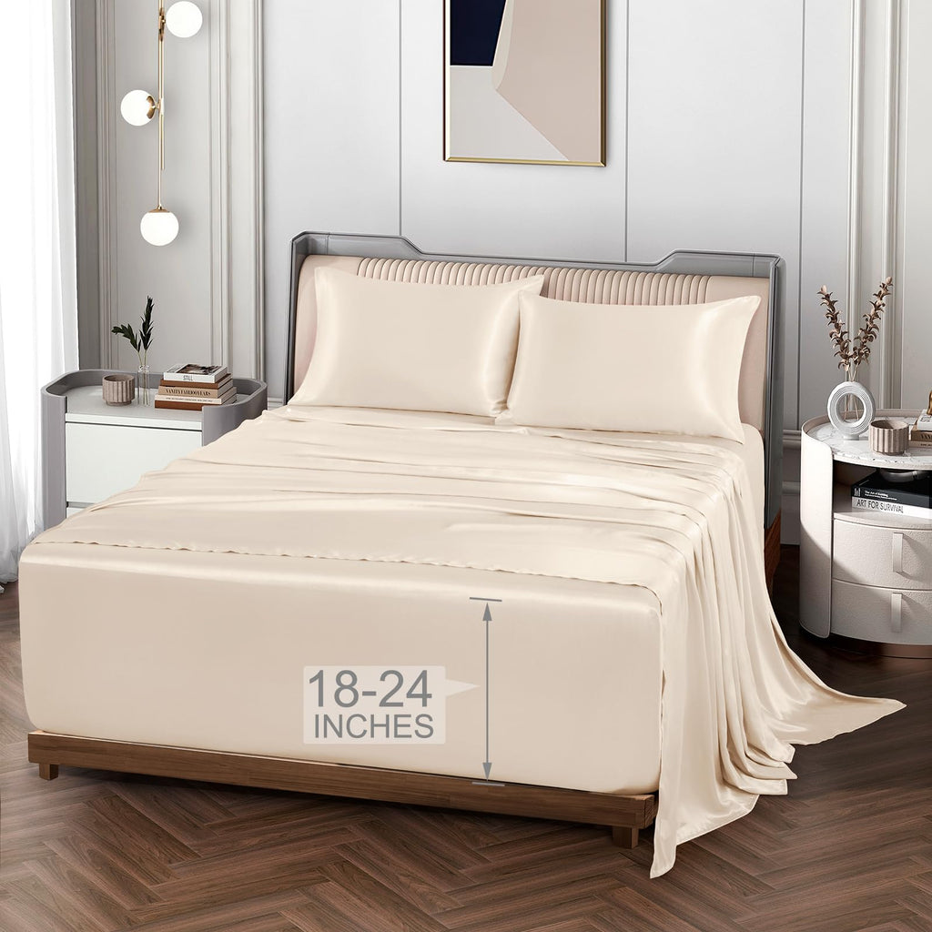 Vonty Extra Deep Pocket Full Sheet Sets - Cooling & Silky Satin Full Size Sheets with 18-24 Inch Deep Pocket, Black Satin Bed Sheets Fit Up to 24" Deep Mattress - 4 Piece Set