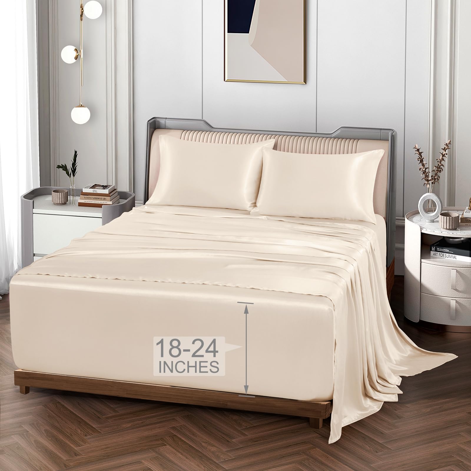 Vonty Extra Deep Pocket Full Sheet Sets - Cooling & Silky Satin Full Size Sheets with 18-24 Inch Deep Pocket, Black Satin Bed Sheets Fit Up to 24" Deep Mattress - 4 Piece Set
