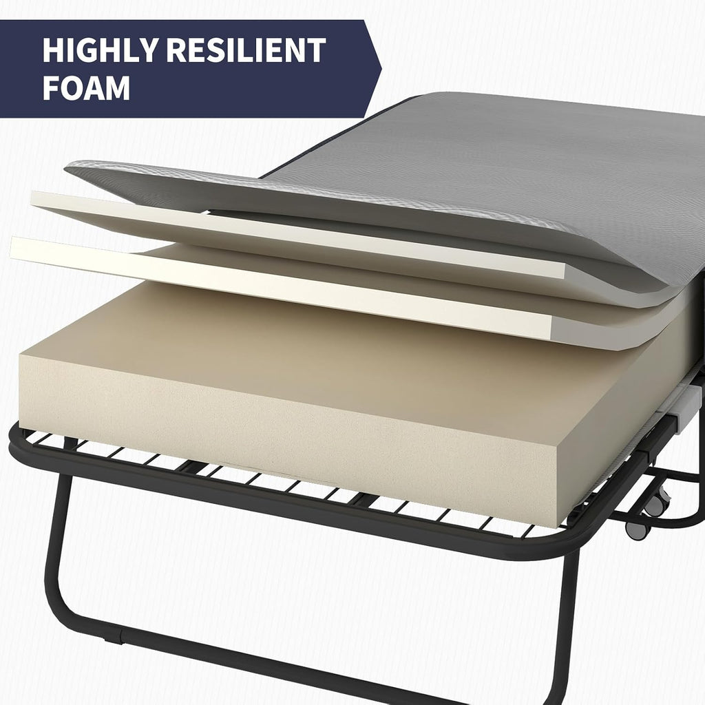 Folding Bed, 75" x 51" Rollaway Bed with 5" Thick Memory Foam Mattress for Adults, Queen Size Fold Up Roll Away Sleeping Beds, Space-Saving Foldable Portable Guest Beds with Sturdy Metal Frame