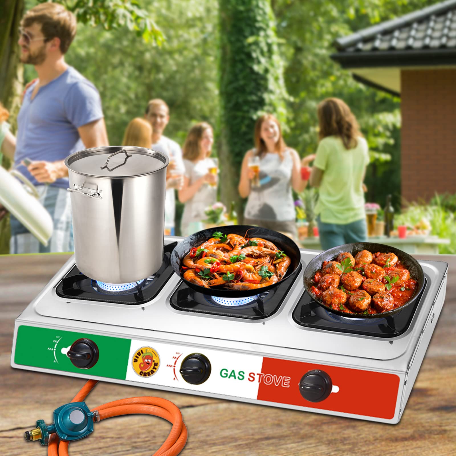 Vivicreate 3 Burner Propane Gas Stove 30000 BTU Stainless Steel Cooktop with Enamel Pan Supports Electronic Ignition for Outdoor Cooking Camping BBQ Estufa de Gas Portátil Fogón de Gas