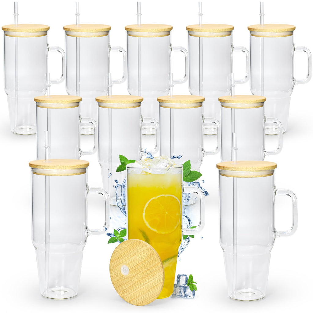 40 oz Glass Tumbler with Handle 12 Pack Glass Tumbler with Straw and Lid Clear Reusable Iced Coffee Cup, Fits Car Cup Holder, BPA Free, for Boba Tea, Juice, Smoothie, Beer(Sublimatable)