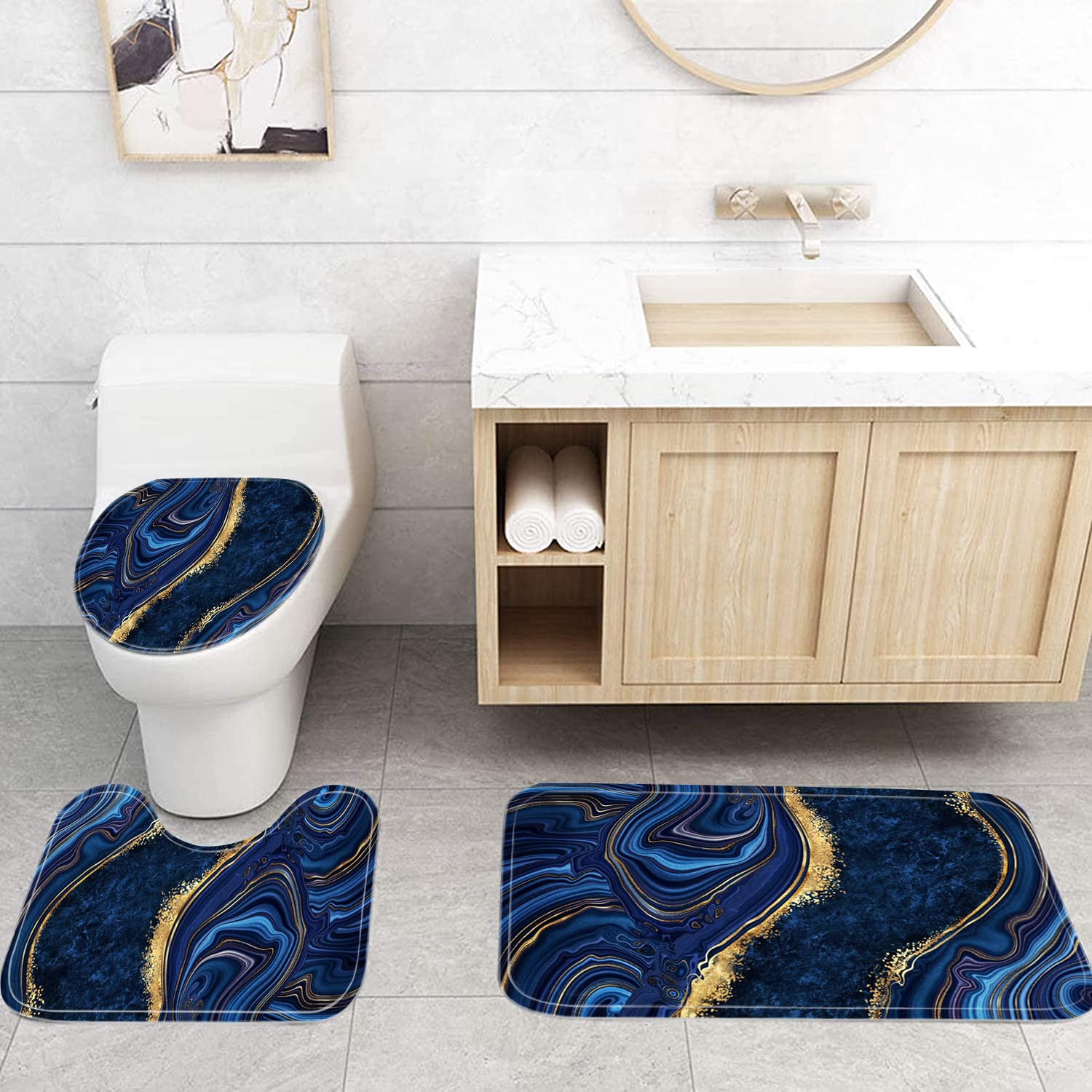 Nkzply 4 Pcs Black Marble Shower Curtain Sets with Rugs Gold Bathroom Sets with Shower Curtain and Rugs Modern Abstract Bathroom Decor Accessories Shower Curtains for Bathroom Toilet Lid Cover