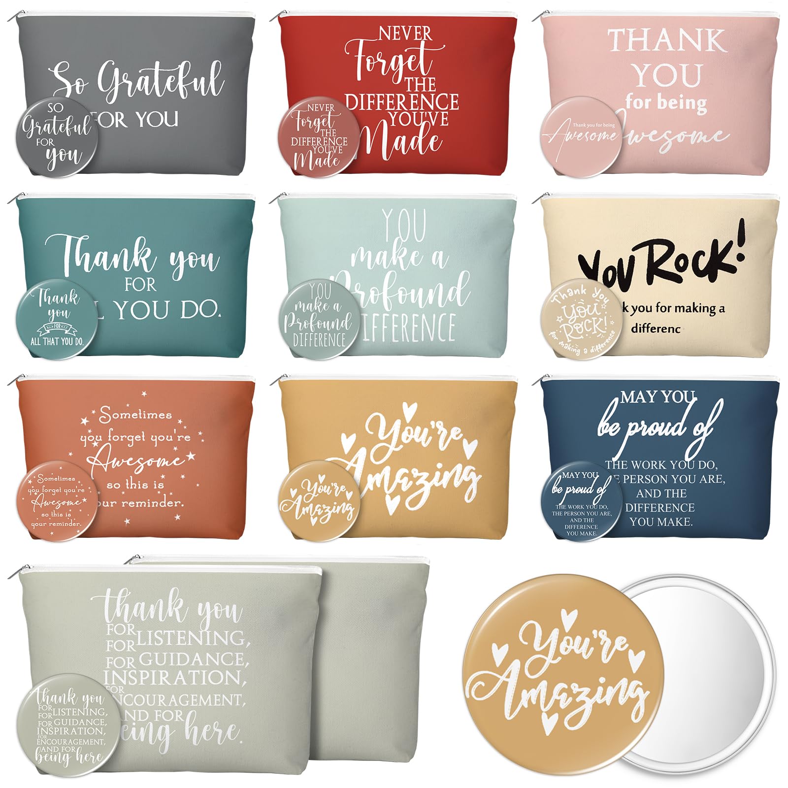 Vercraft 20 Pcs Employee Appreciation Gift for Women Inspirational Canvas Makeup Bag Portable Compact Mirror Bulk Cosmetic Bag Thank You Party Favor for Women Coworker Nurse (Bohemian,Boho)