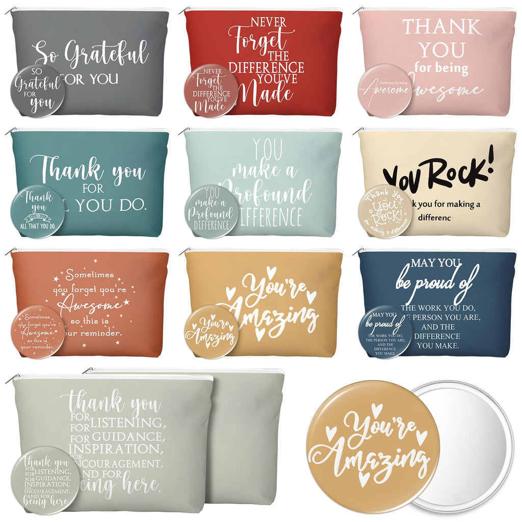 Vercraft 20 Pcs Employee Appreciation Gift for Women Inspirational Canvas Makeup Bag Portable Compact Mirror Bulk Cosmetic Bag Thank You Party Favor for Women Coworker Nurse (Bohemian,Boho)