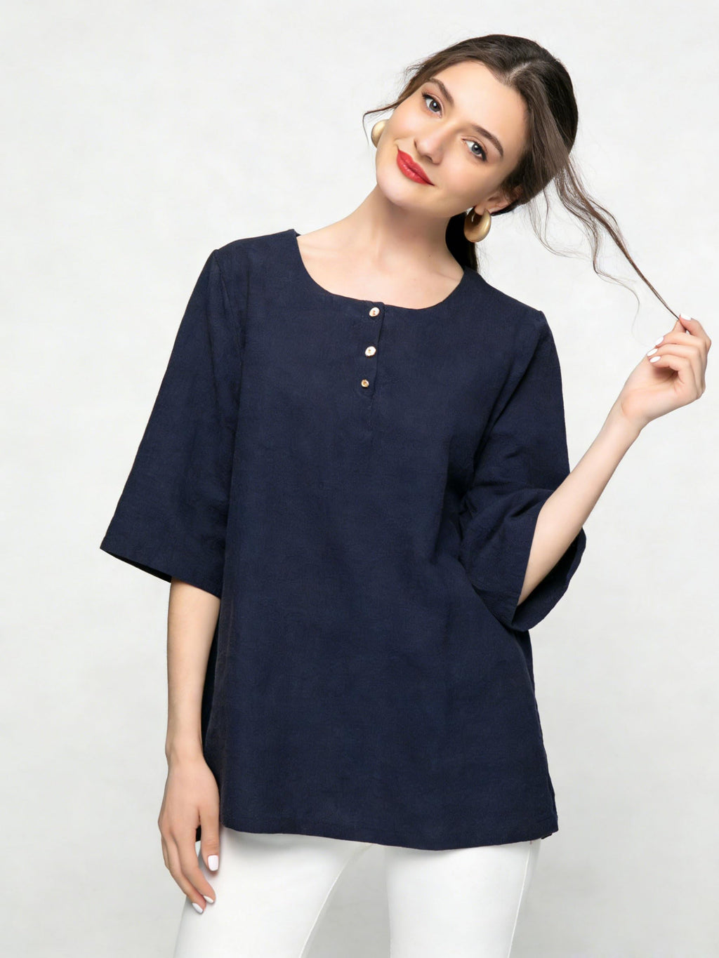 Minibee Women's 3/4 Sleeve Cotton Linen Jacquard Blouses Top T-Shirt
