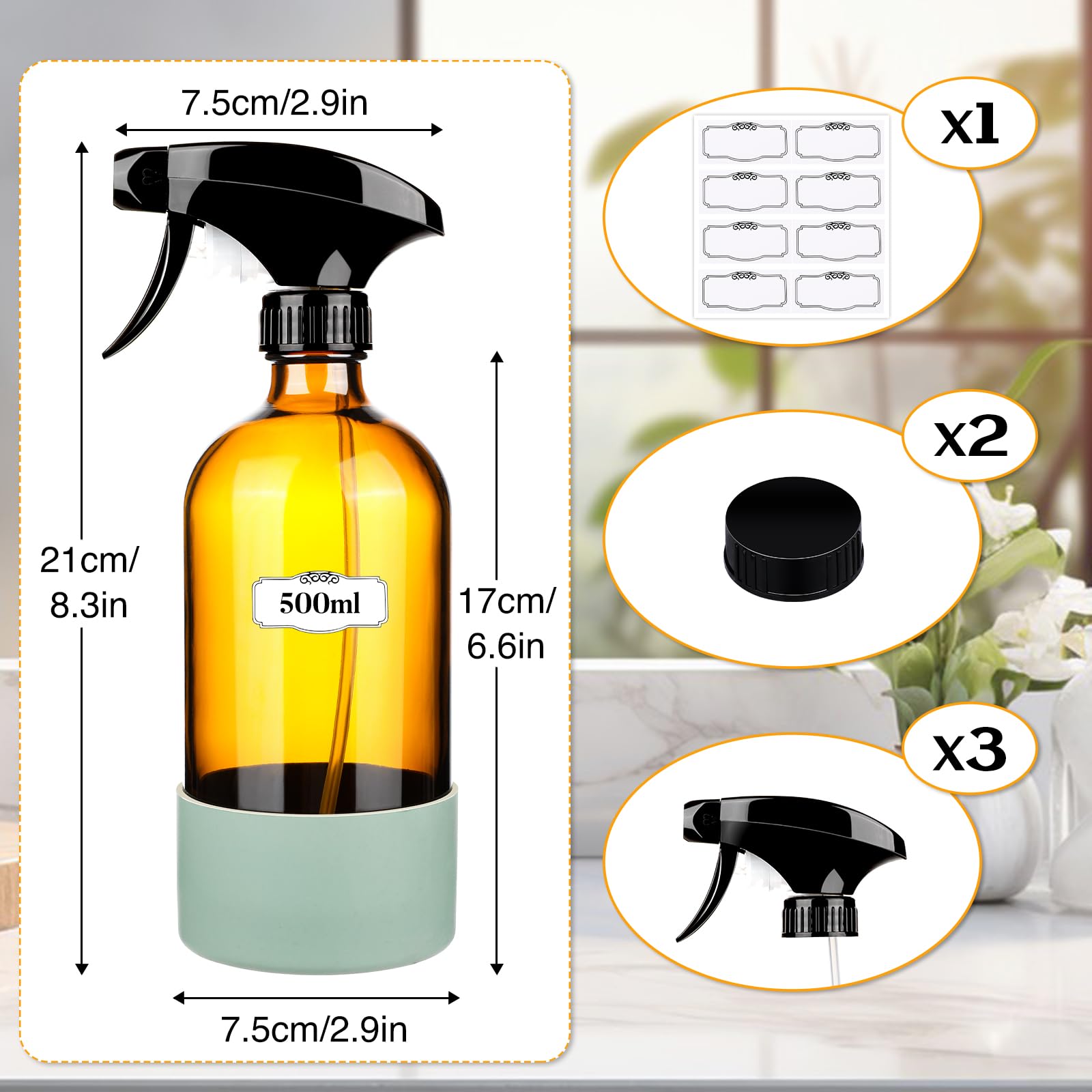 ZENOWICK 2 Pack/16 Oz Glass Spray Bottles, Refillable Empty Containers with Silicone Sleeve, Upgraded Adjustable Nozzle Spray Bottle Sets for Cleaning, Essential Oils, Hair (Amber)
