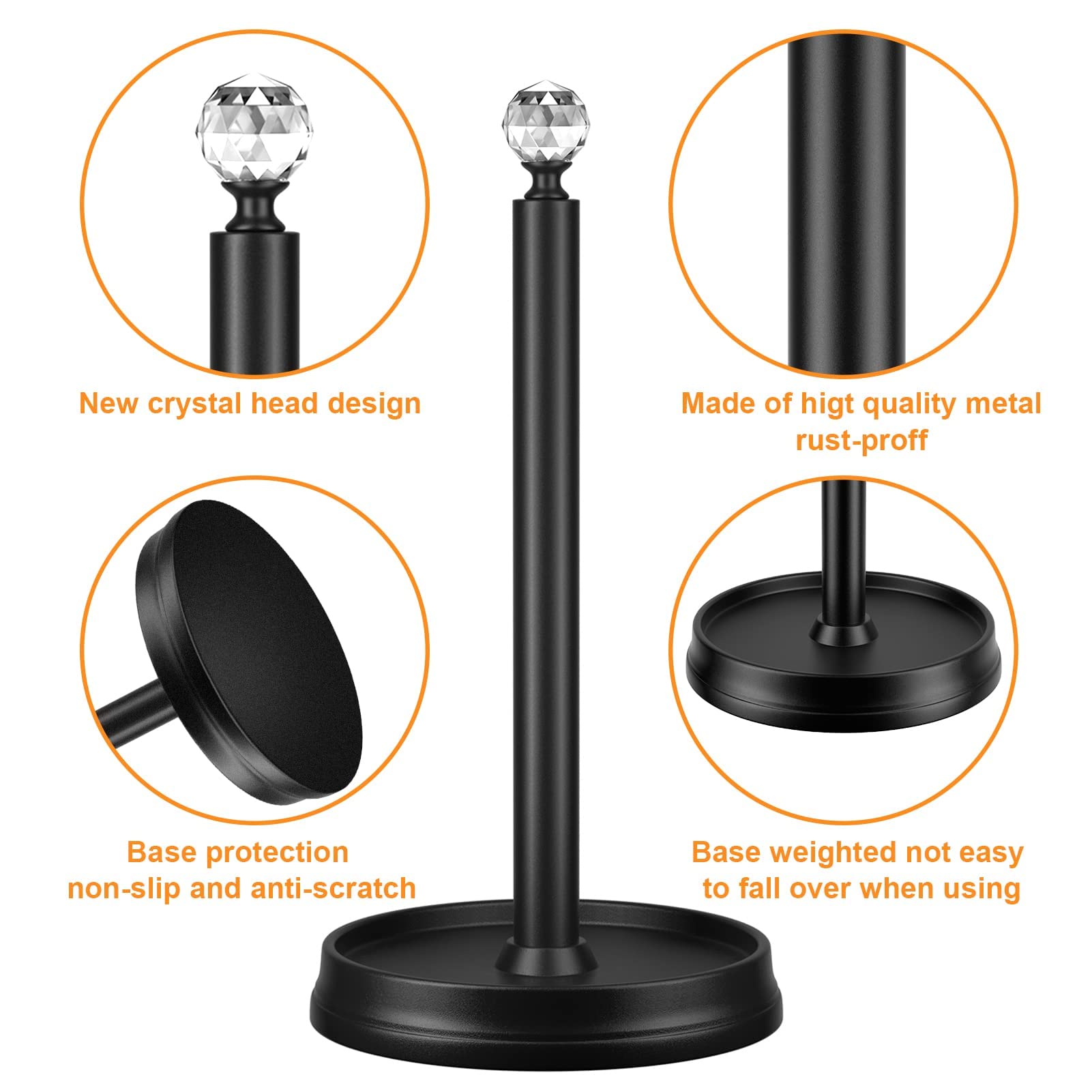 KASUNTO Paper Towel Holder with Crystal Ball - Steel Countertop Stand, Fits Standard & Jumbo Rolls, Brushed Nickel