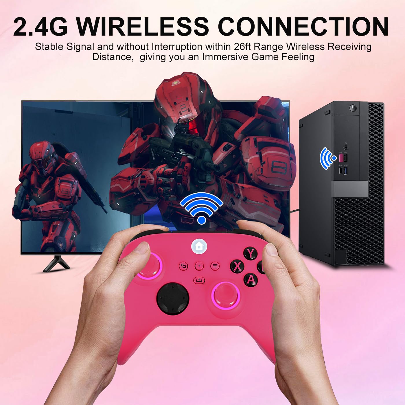 HaeBorl Xbox One Controller, RGB LED Light 2.4GHz Wireless Controller Compatible with Xbox One X/S Xbox Series X/S with 3.5mm Audio Headphone Jack & 800mAh Rechargeable Built-in Battery, Deep Pink