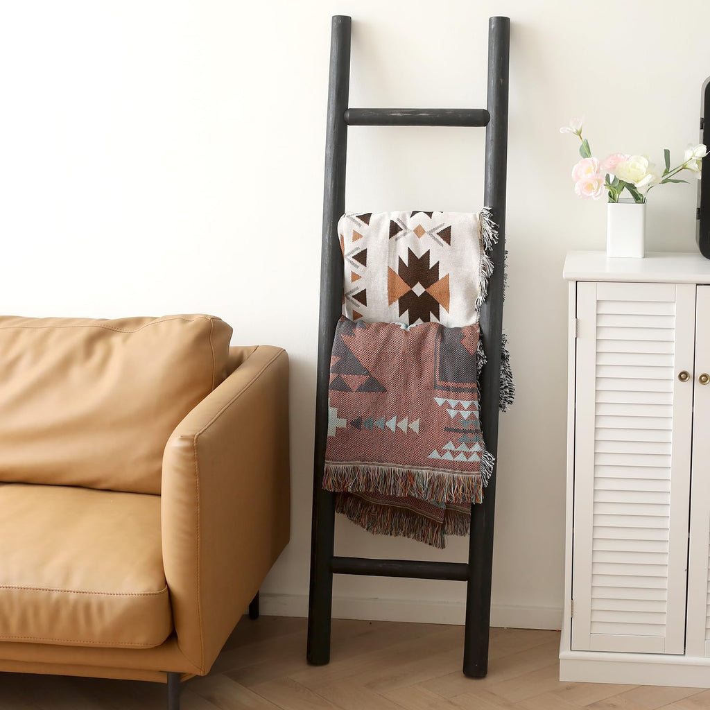 FUIN 57in Wood Blanket Ladder Living Room Decorative Wall Leaning Farmhouse Quilt Display Holder Rustic Wooden Towel Rack for Bathroom, Black