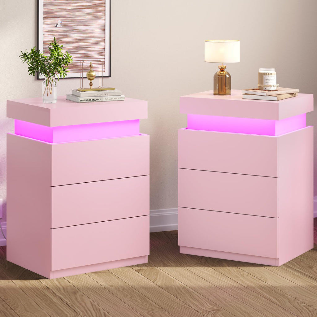 BTHFST LED Nightstands Set of 2,Night Stands for Bedroom Set of 2,Nightstand with Charging Station and Sliding Top,Bedside Table with Power Outlets & Drawers,Modern End Side Table (Black)
