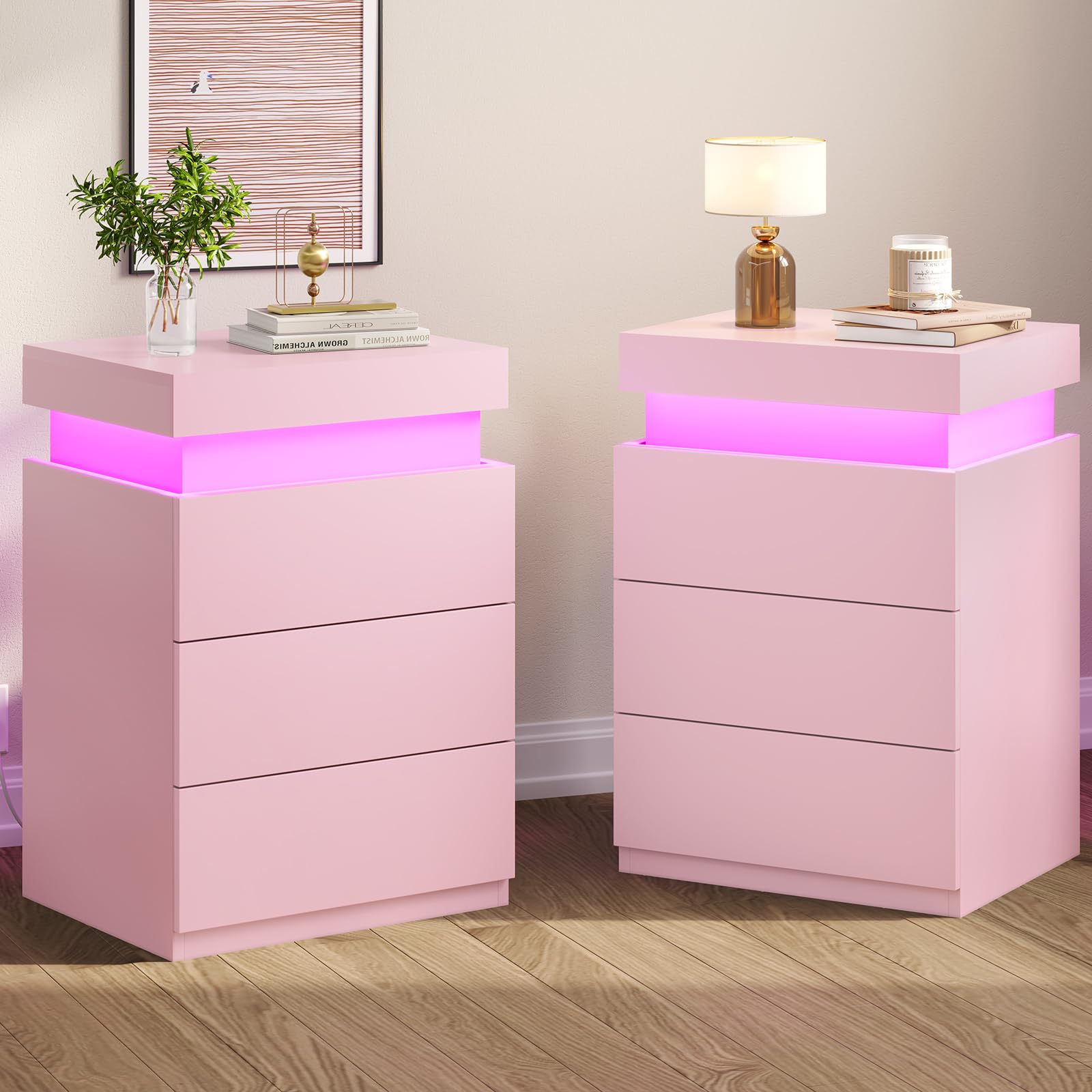BTHFST LED Nightstands Set of 2,Night Stands for Bedroom Set of 2,Nightstand with Charging Station and Sliding Top,Bedside Table with Power Outlets & Drawers,Modern End Side Table (Black)