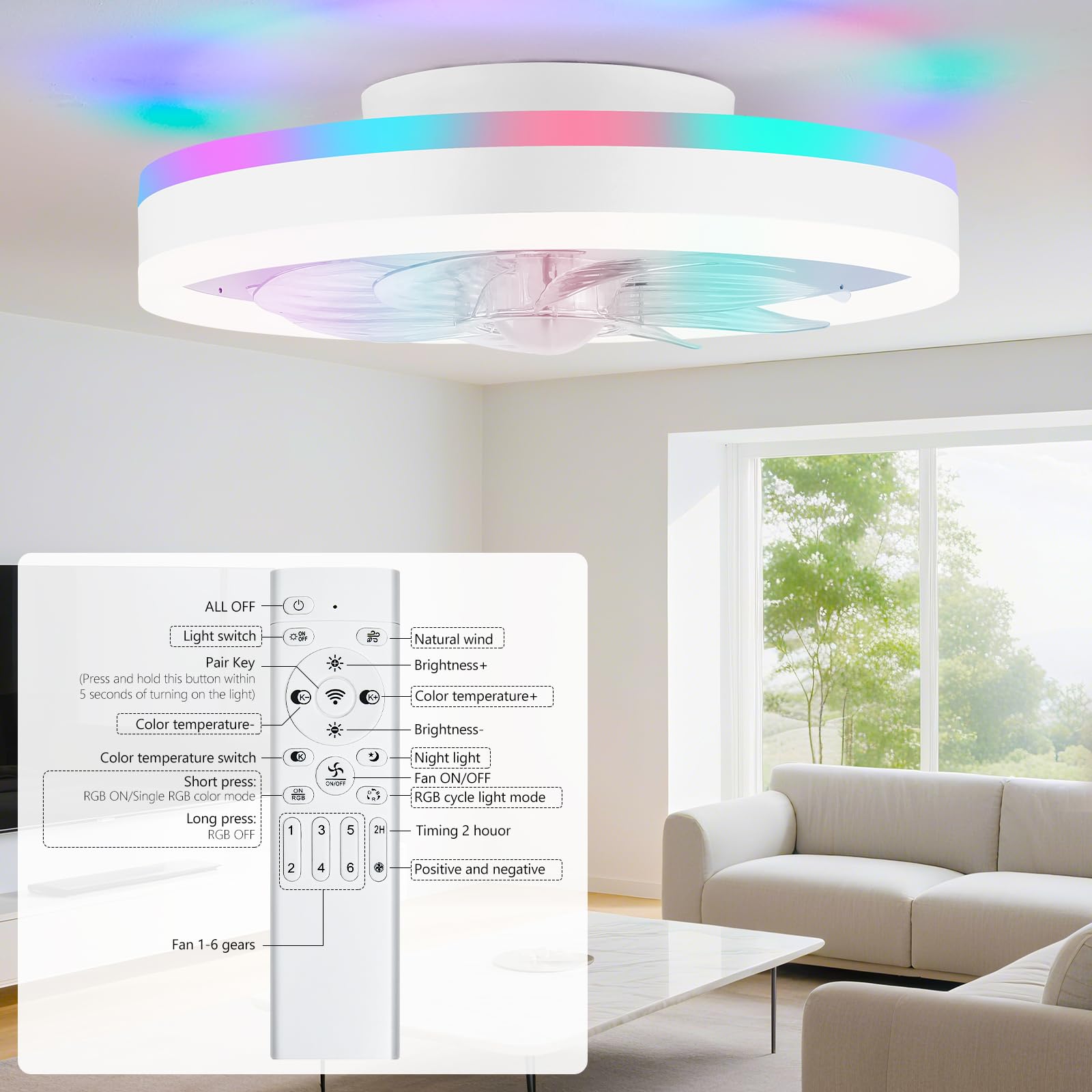 16 Inch RGB Low Profile Ceiling Fans with Lights, Modern Flush Mount Fandelier Chandelier Fixture, Remote & APP Control, Black LED Ceiling Fan Light for Bedroom, Living Room, Kitchen Indoor