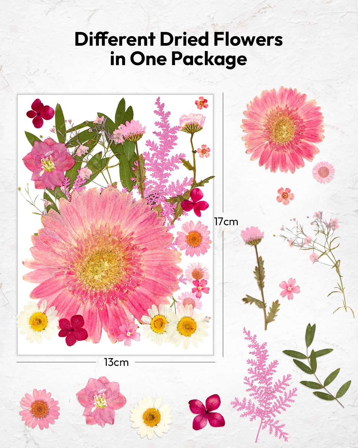 Dried Flowers, Resiners 58Pcs Pressed Flowers for Craft Pink Real Natural Dried Flowers Dry Leaves Kit for DIY Making Crafts Resin Soap Candle Scrapbook Supplies Card Making Jewelry