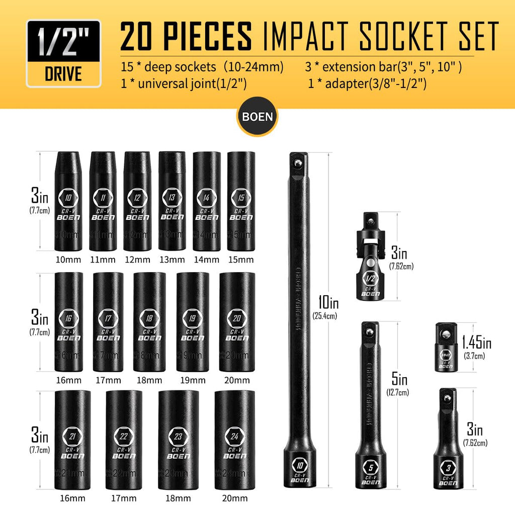 BOEN 1/2" Drive Deep Impact Socket Set, 11 Pieces Socket Set Metric 10-24mm, 6 Point Design, Cr-V Steel, Laser Marking, Durable Storage Case, Meets ANSI Standards