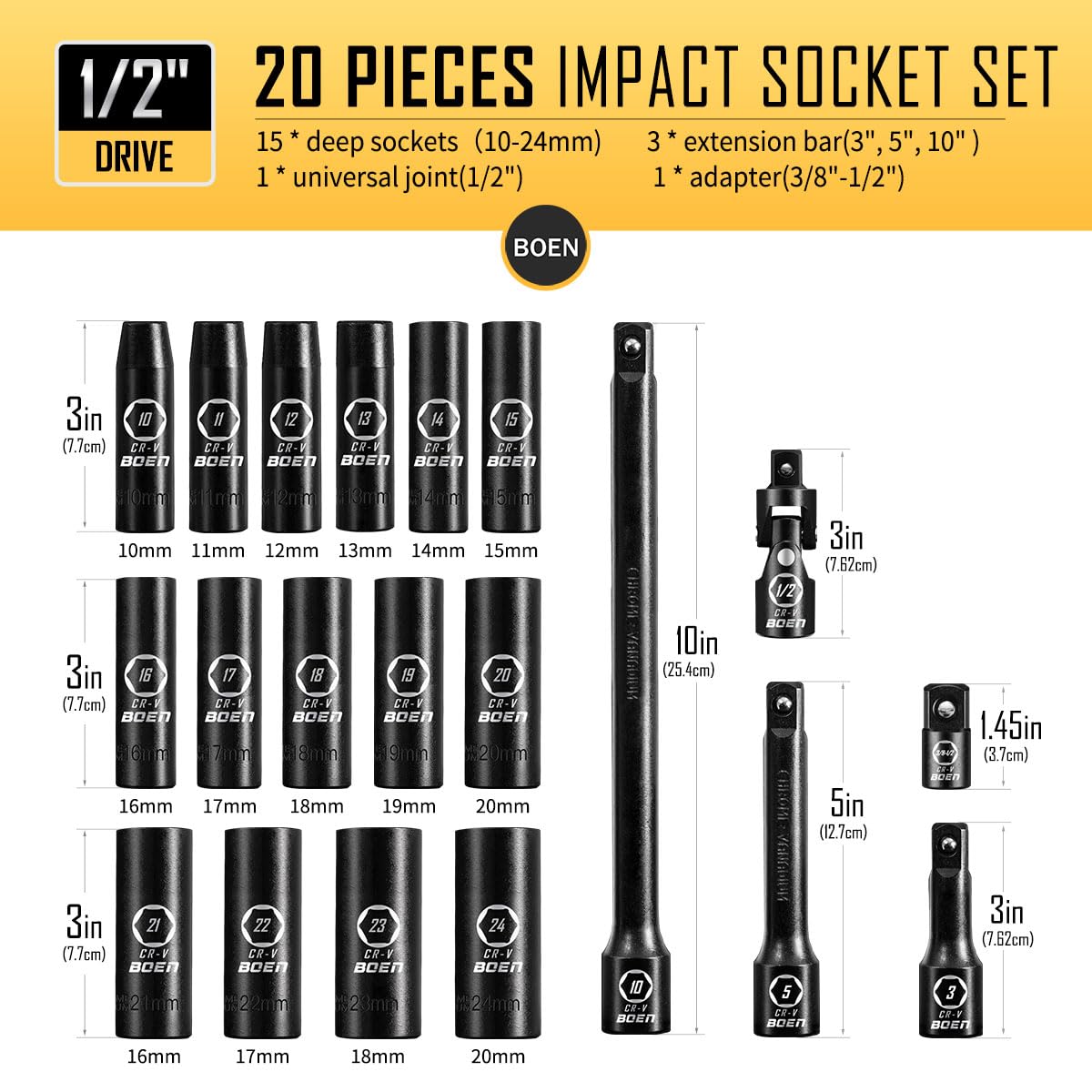 BOEN 1/2" Drive Deep Impact Socket Set, 11 Pieces Socket Set Metric 10-24mm, 6 Point Design, Cr-V Steel, Laser Marking, Durable Storage Case, Meets ANSI Standards