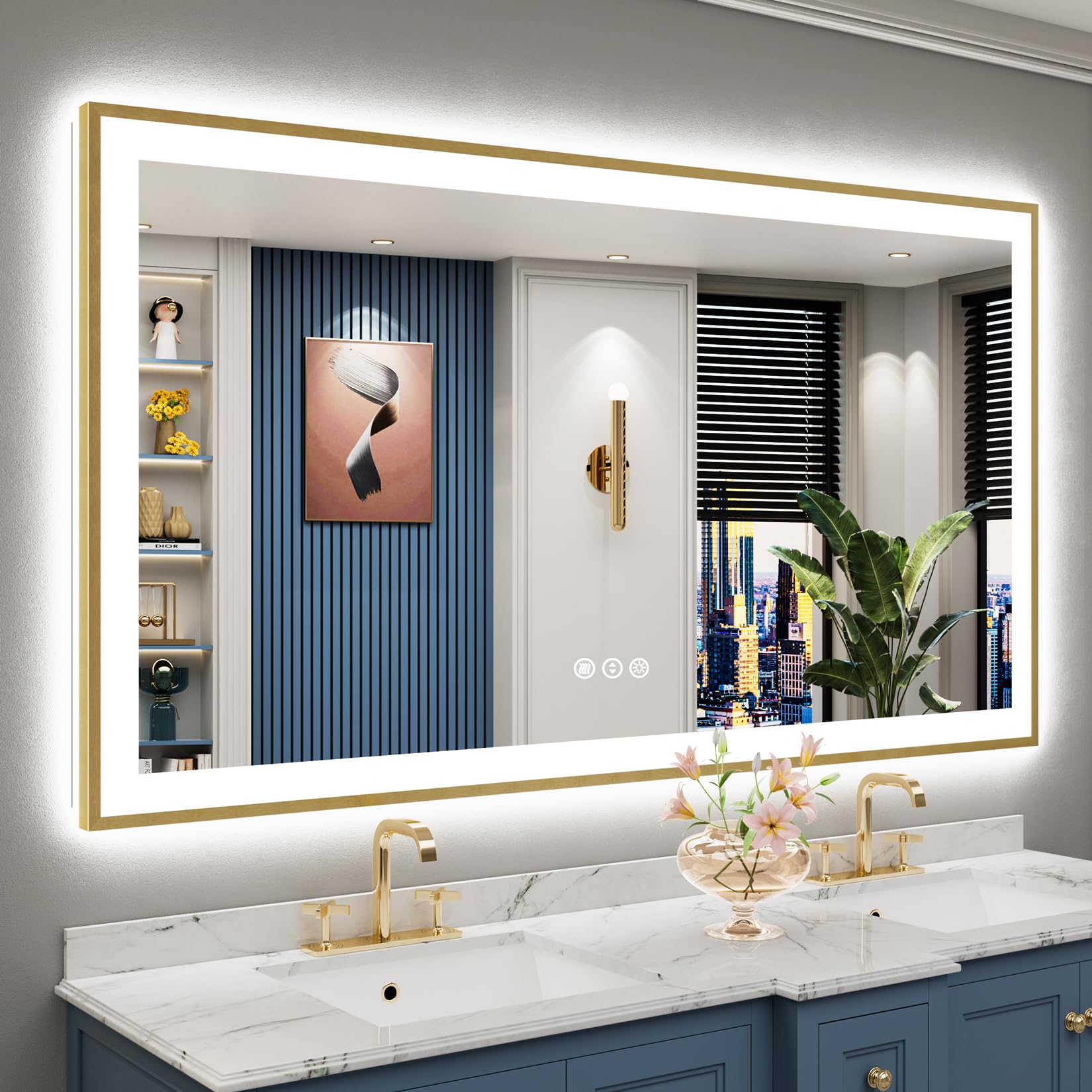 24x36 Gold Beveled LED Bathroom Mirror with Lights, Brushed Gold Framed Backlit and Front Lit Anti-Fog Lighted Vanity Mirrors for Bathroom Wall, Dimmable, 3 Colors, Memory, HD Tempered Glass