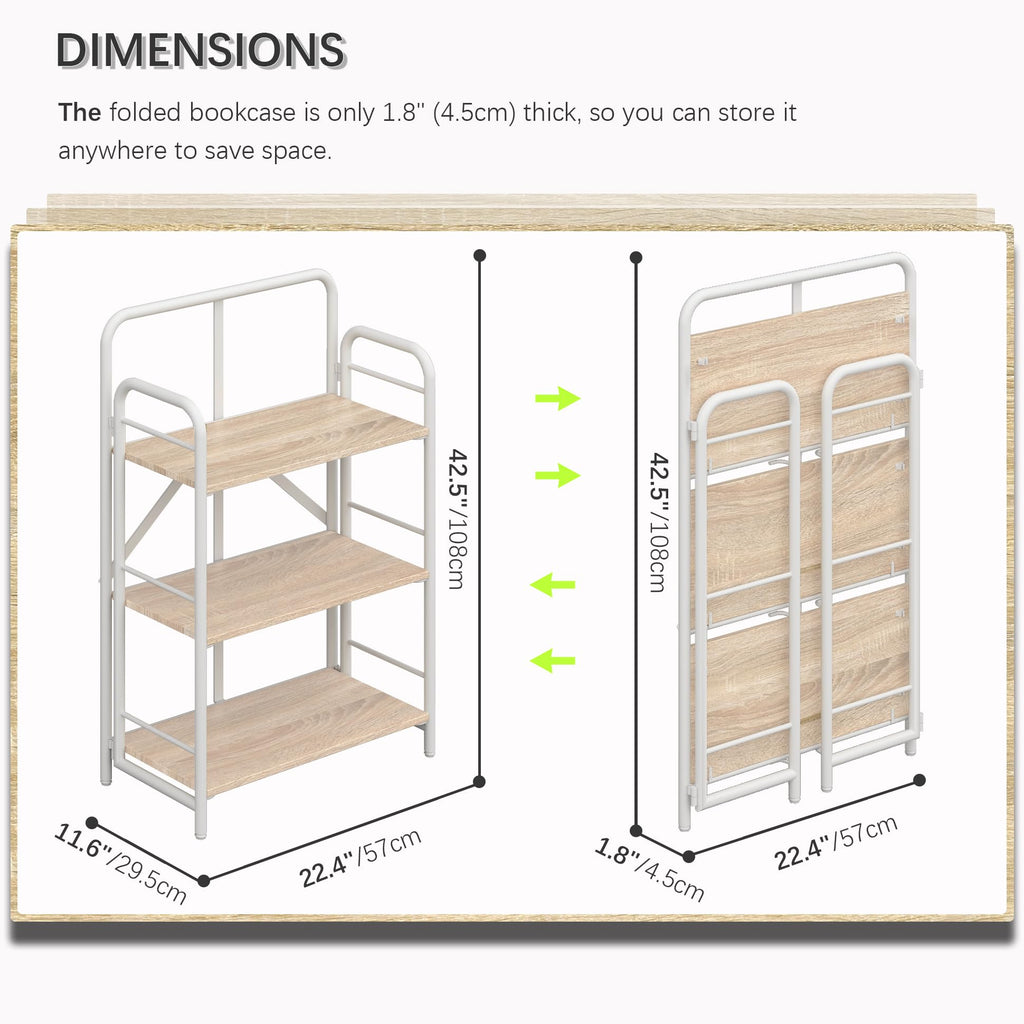 4NM No Assembly Folding Bookshelf, 3 Tiers Collapsible Book Shelves Open Industrial Foldable Storage Bookcase Shelf for Bedroom, Living Room, Home Office - Natural and White