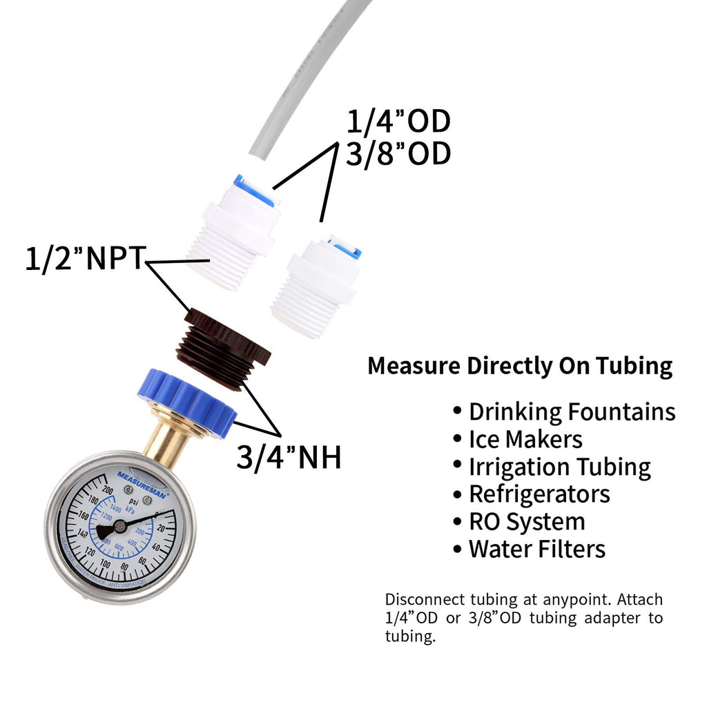 MEASUREMAN 2" Water Pressure Test Gauge, 3/4" Female Hose Thread, 0-200 psi/kpa with Maximum Pressure Memory (Pack of 2)