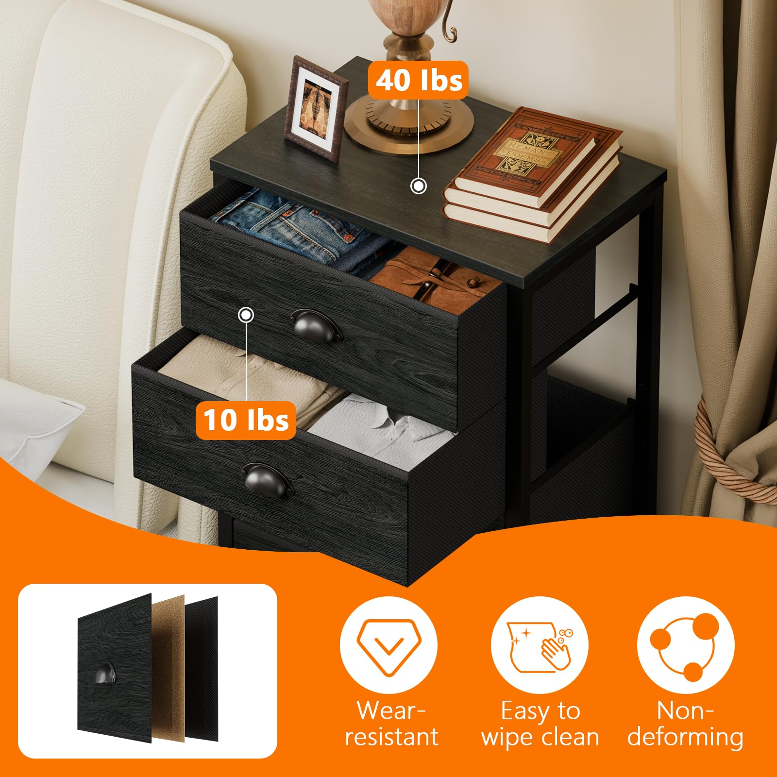 Furnulem Tall Dresser with 6 Drawers,Vertical Bedside End Table & Chest for Bedroom,Black Storage Tower Dorm Nightstand with Fabric Drawer Organizer Unit Furniture in Living Room,Closet,Hallyway