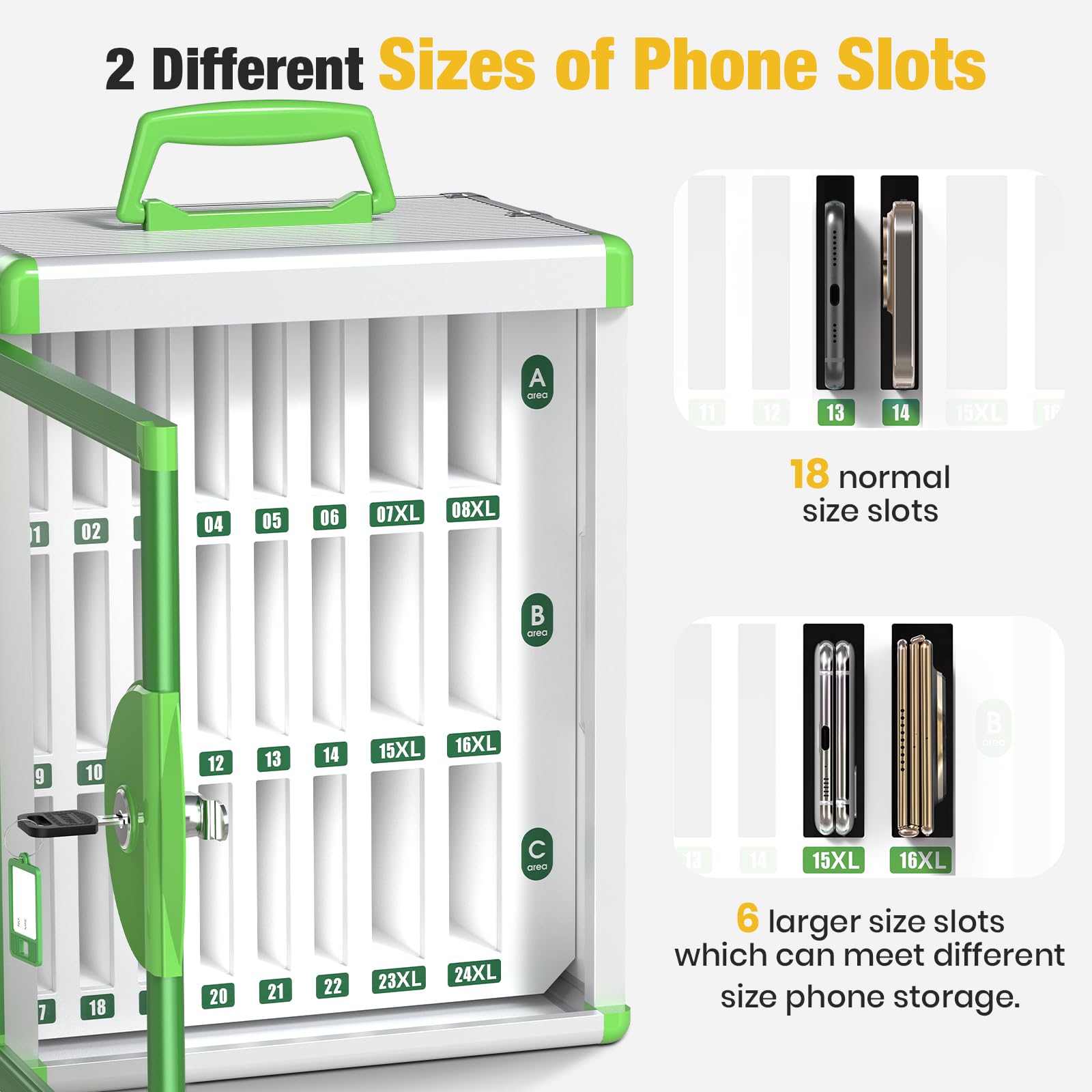 Glosen Cell Phone Locker 24 Slots, Portable Phone Storage Cabinet [Wall Mounted] [Silver 24 Slots-Universal Key ] Aluminum Alloy Cellphone Lock Box with Key & Handle for School Classroom Office Exam