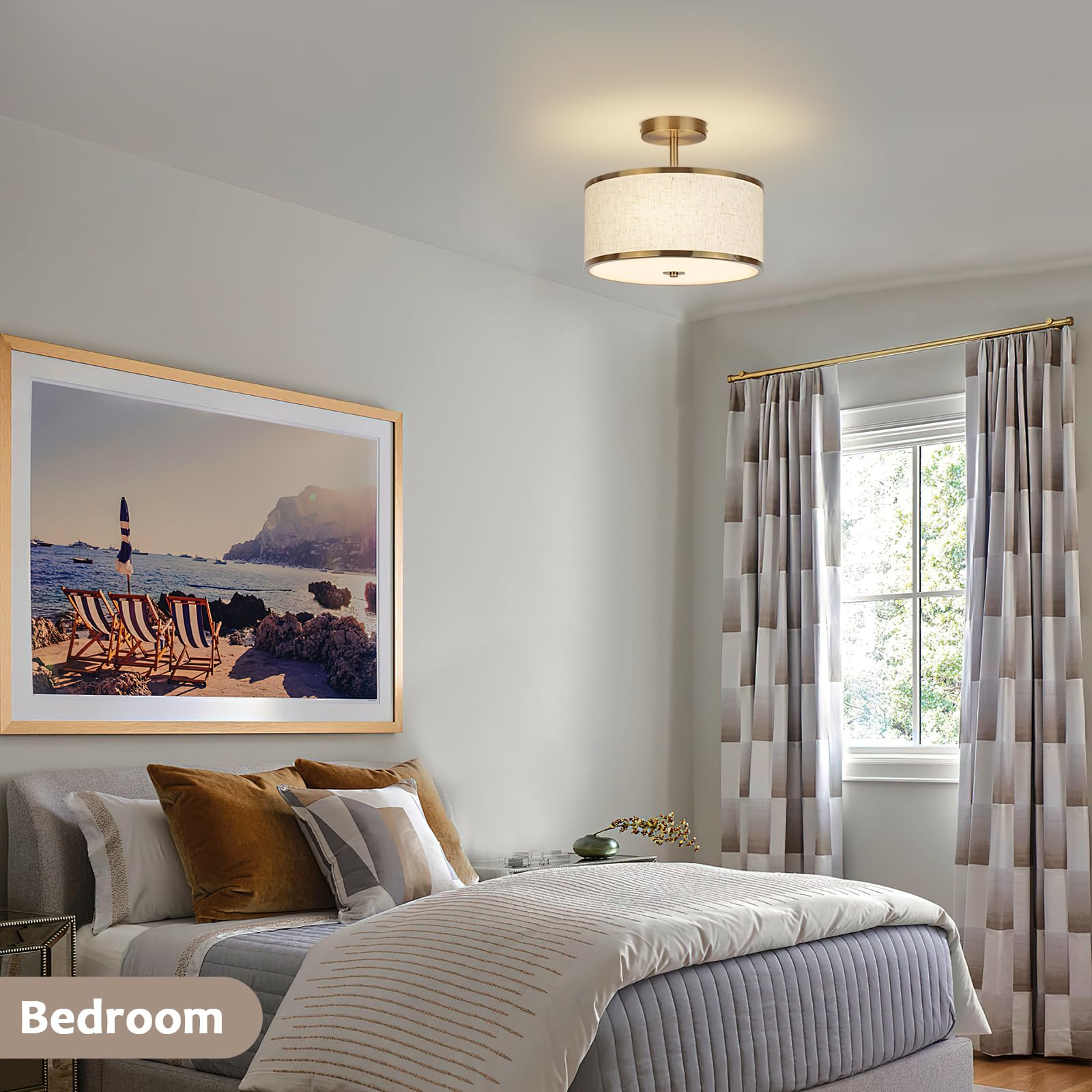 CALOKES Semi Flush Mount Ceiling Light, 11.8" Modern 3-Light Fixture with Petal-Shaped Cream White Fabric Shade and Golden Support Arm, Ideal for Bedroom, Kitchen, Living Room, Hallway, and Entryway