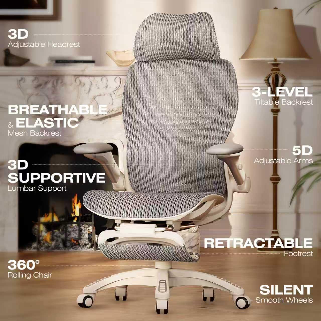ELABEST X100 Ergonomic Office Chair with Footrest, Big and Tall Home Desk Chair with 5D Flip-Up Arms, Adjustable 3D Lumbar Support,High Back Rolling Computer Chair, Swivel Mesh Chairs (Coffee Break)