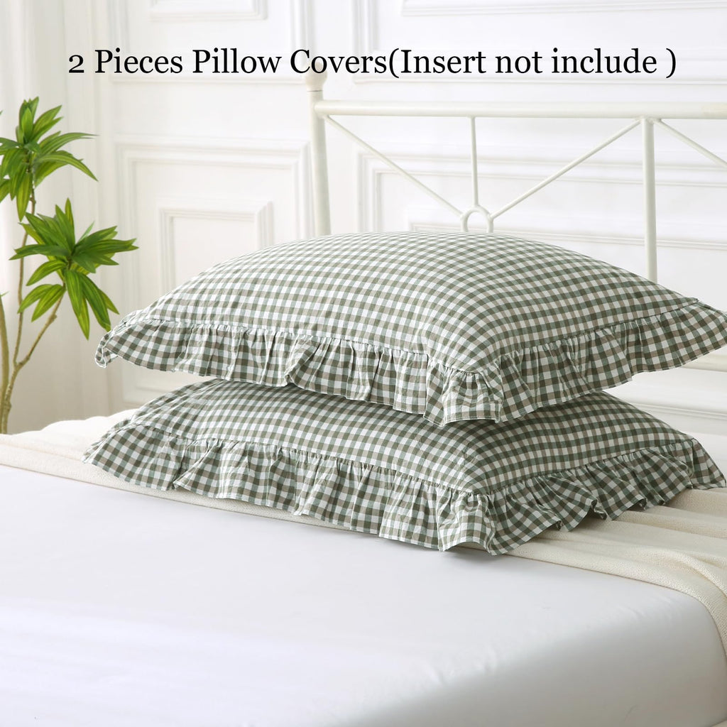 Silnuo Green/White Plaid Ruffled Queen Size Pillow Shams Set of 2,Washed Cotton Shabby Checkered Gingham Farmhouse Bed Pillow Covers 20"x30"