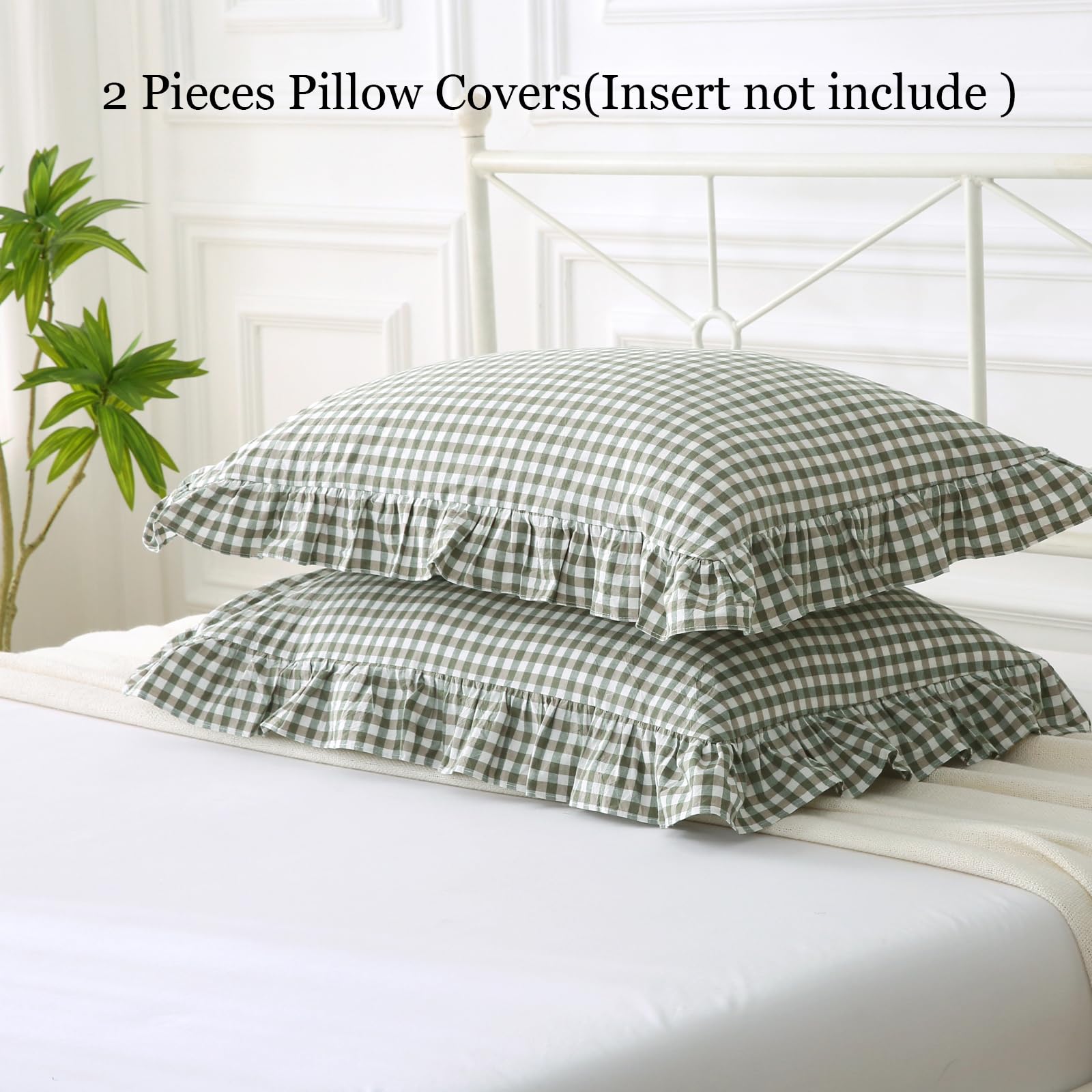 Silnuo Green/White Plaid Ruffled Queen Size Pillow Shams Set of 2,Washed Cotton Shabby Checkered Gingham Farmhouse Bed Pillow Covers 20"x30"