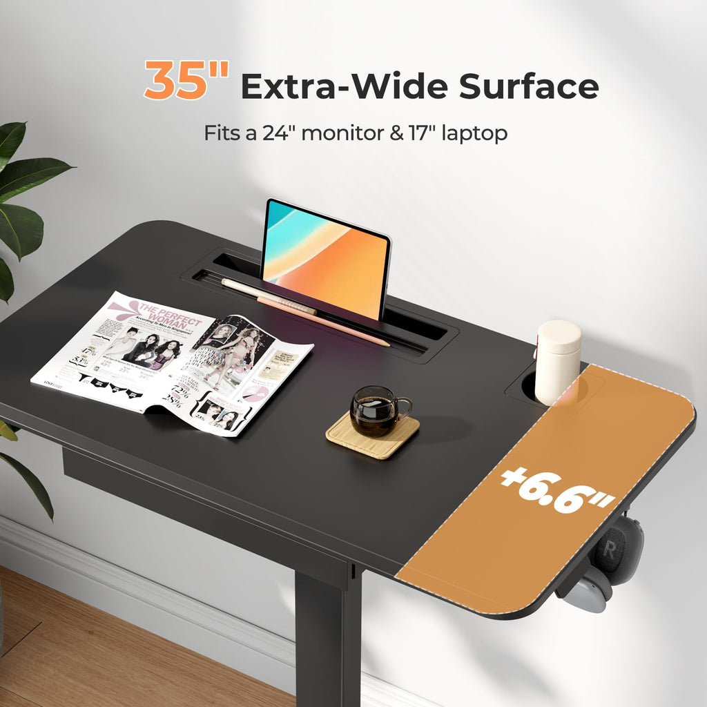Small Mobile Standing Desk with Drawer, 23.6"x19.7" Rolling Laptop Cart on Wheels, Height Adjustable Sit Stand Computer Workstation with Storage for Compact Space, Black