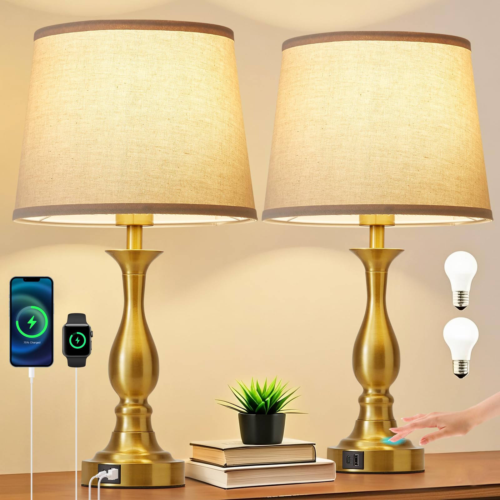 Bedside Table Lamp Touch Control Bedroom Lamps with USB A and C Charging Port 3 Way Dimmable Touch Lamps for Nightstand Living Room Bedroom Dorm Home Office Reading, Set of 2