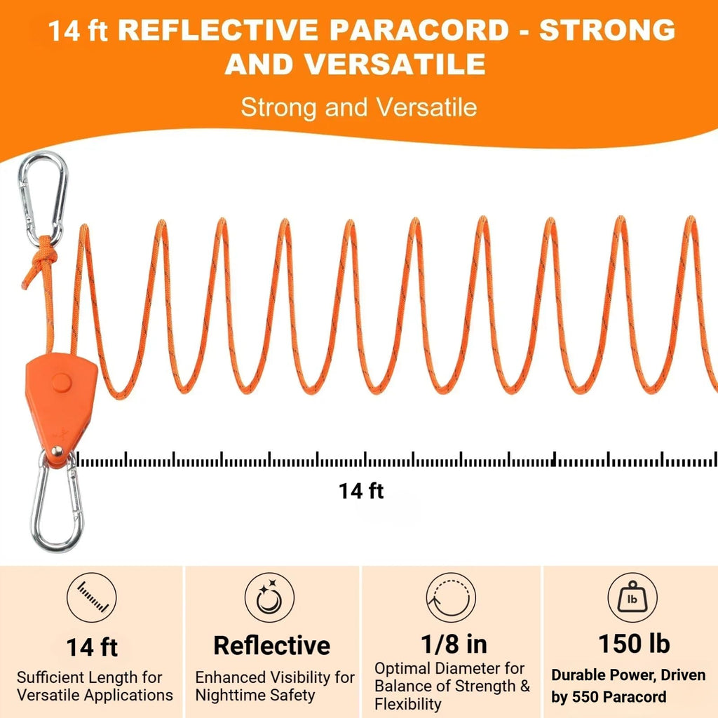 Longer 14ft Retractable Paracord Rope Tie Down Ratchet Strap Small Straps Mini Rope Cam Lock Tent Canopy Tie Down Adjustable Outdoor Windproof Tightener Tensioner Hanger Grow Light 4 Pack 1/8"