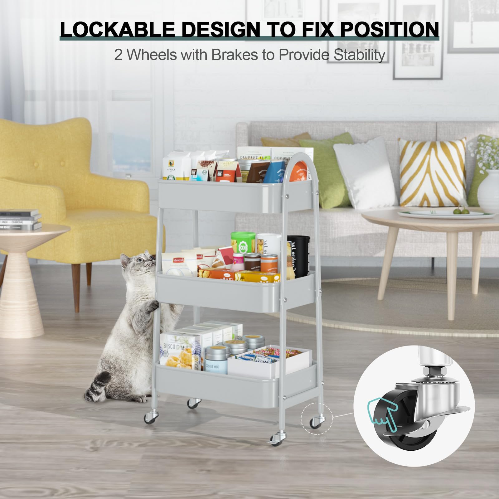 EAGMAK 3 Tier Rolling Cart, Large Metal Storage Cart with Handle and Lockable Wheels, Big Multifunctional Storage Organizer Trolley with Mesh Baskets for Kitchen, Living Room, Office, Garage (Beige)