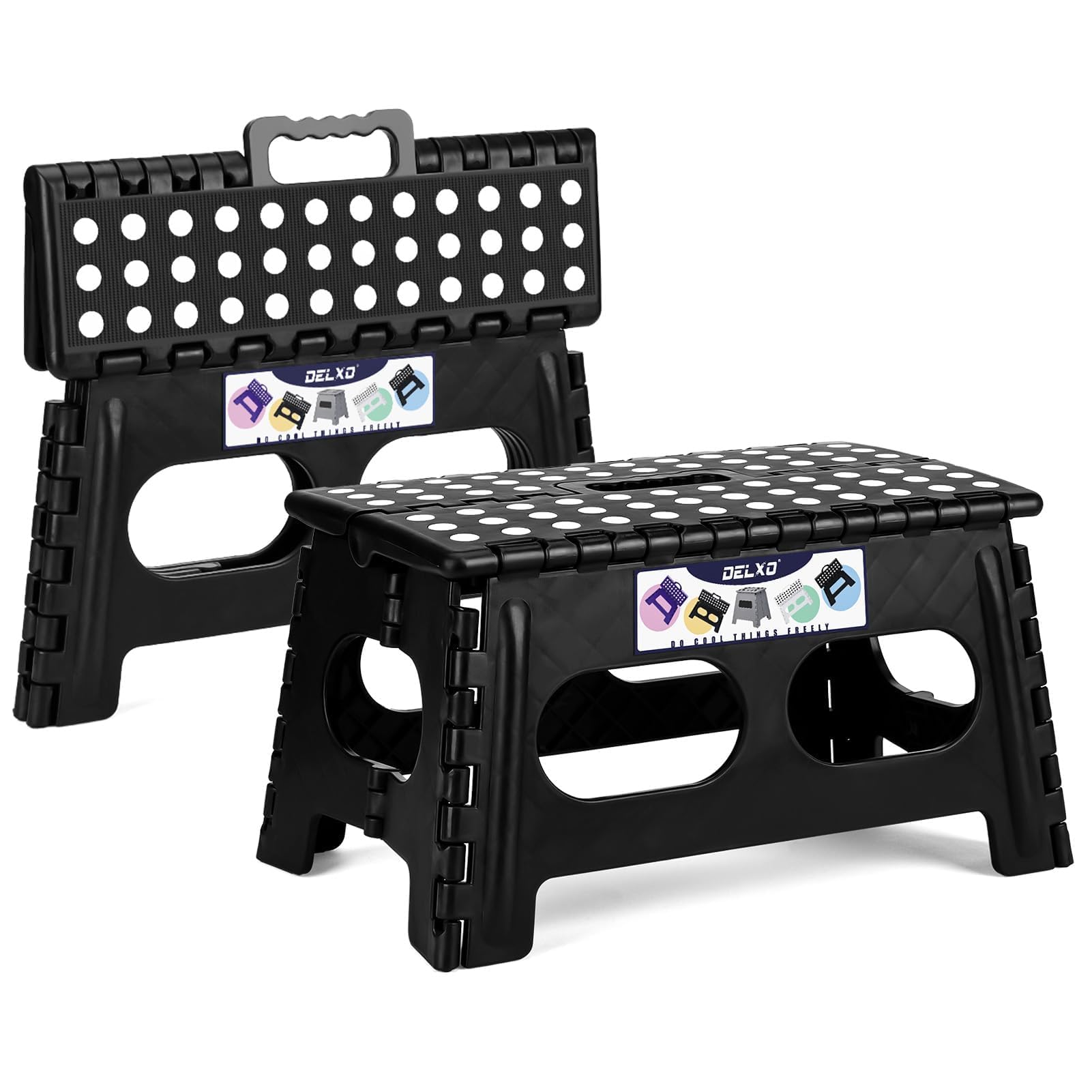 Delxo 11 inch 2 Pack Folding Step Stool, Non-Slip Foldable Stools Up to 300 LBS, Step Stool with Handle, Lightweight Collapsible stools for Kitchen, Bathroom, Bedroom, Garden (Black)
