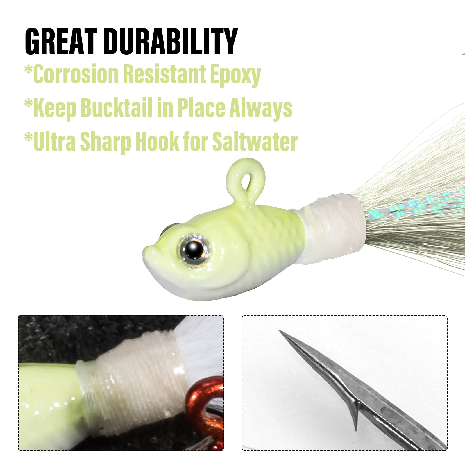 Dr.Fish 3 Pack Bucktail Jig Lure Hair Jig Saltwater Freshwater Lures Surf Fishing Bass Flounder Striper Bluefish Halibut Redfish