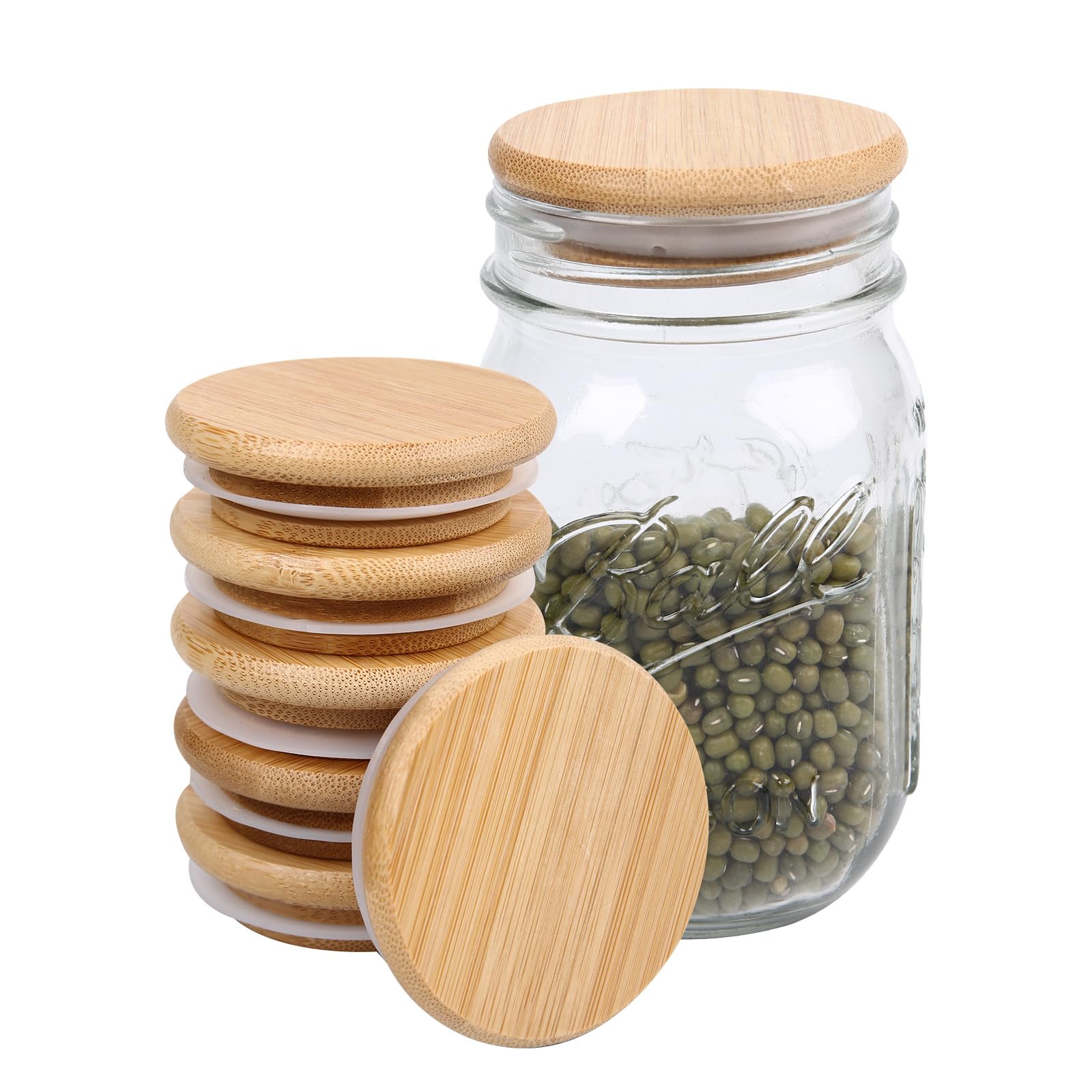 6 Pack Wide Mouth Mason Jar Lids Reusable canning lids Acacia Wooden mason jar Lids with Airtight Silicone Seal, Brown (6PCS Wide Lids)