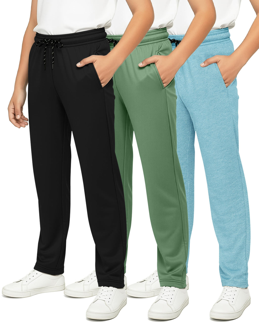 Real Essentials 3 Pack: Boys' Mesh Open Bottom Active Sweatpants with Pockets & Drawstring