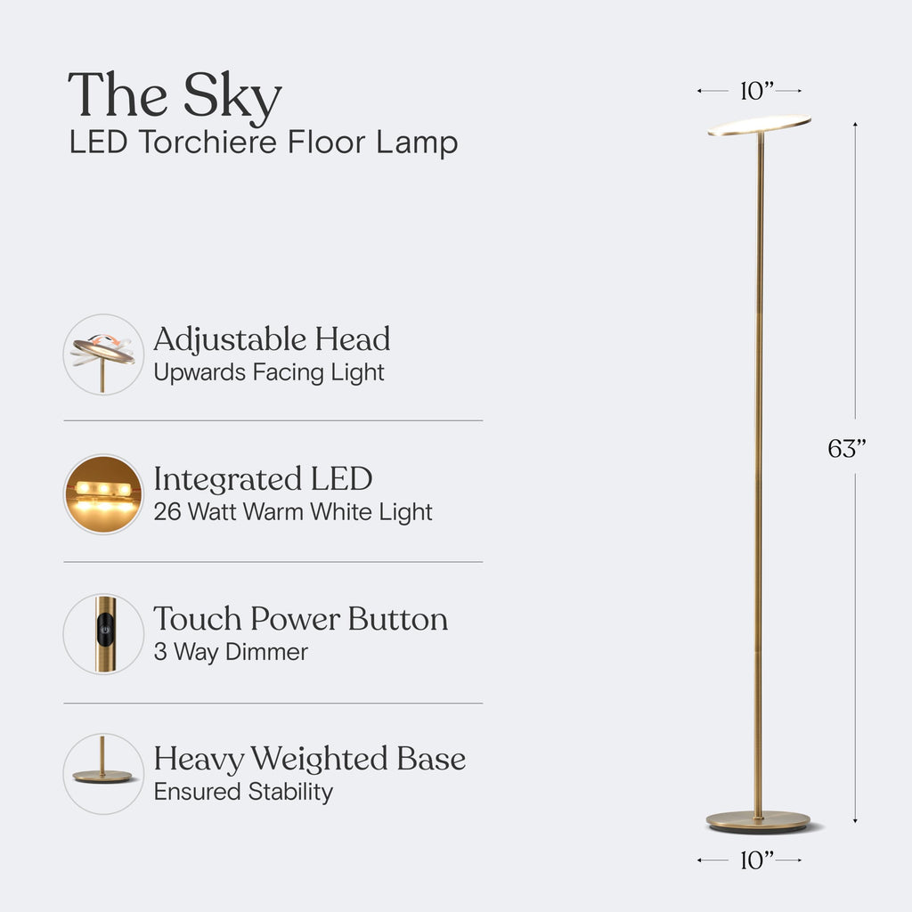 Brightech Sky LED Floor lamp, Torchiere Super Bright Floor Lamp for Living Room Decor & Office - Dimmable, Tall Standing Lamp with Warm Light for Bedroom & Reading - Bronze