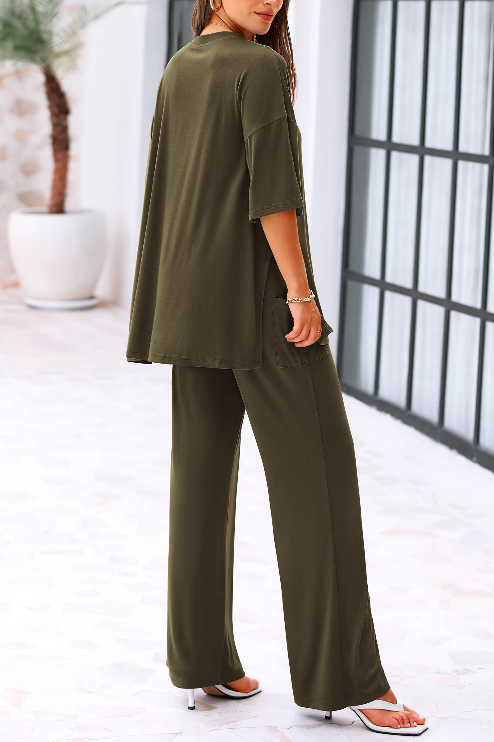KIRUNDO 2 Piece Lounge Sets for Women Airport Travel Vacation Outfits Summer Casual Loose Short Sleeve Tops & Wide Leg Pants