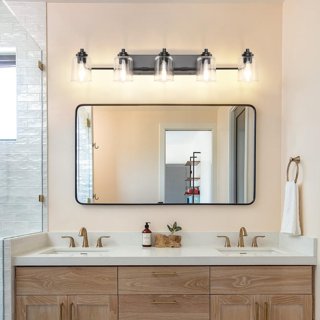 SOLFART 20.1 Inch Black Vintage Bathroom Vanity Light Fixtures Fixtures with Modern Glass Globe Shade Metal Brass Wall Lamp 2 Lights