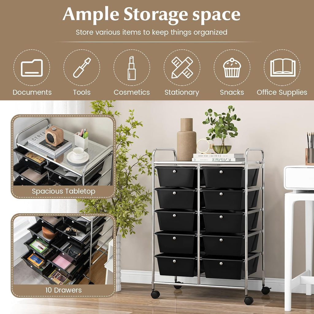 LDAILY 9 Drawer Rolling Storage Cart, Rolling Cart with Drawers for Classroom, Art Supply Craft Organizer on Wheel with Metal Frame & Handles for Home Office School