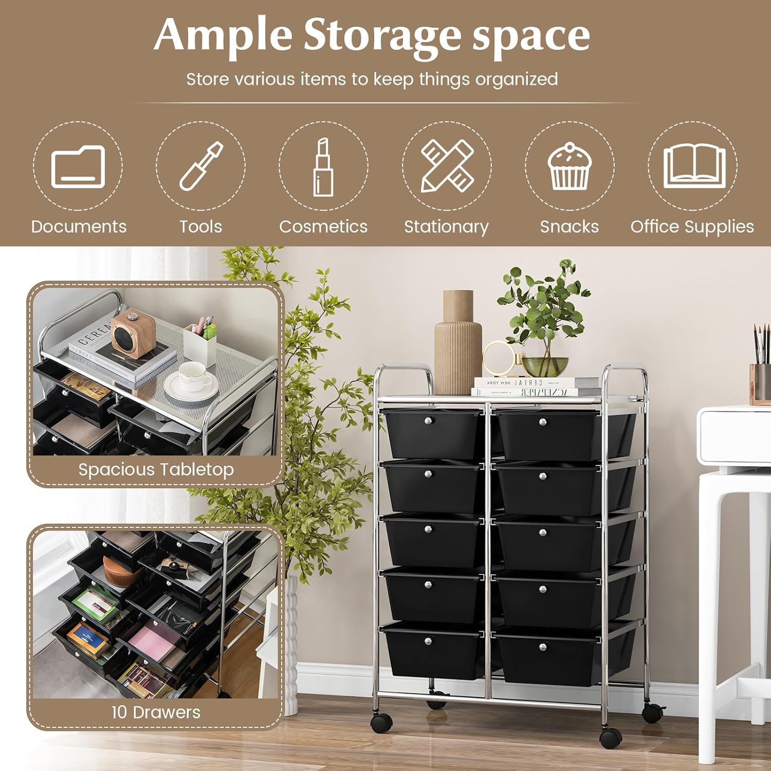 LDAILY 9 Drawer Rolling Storage Cart, Rolling Cart with Drawers for Classroom, Art Supply Craft Organizer on Wheel with Metal Frame & Handles for Home Office School