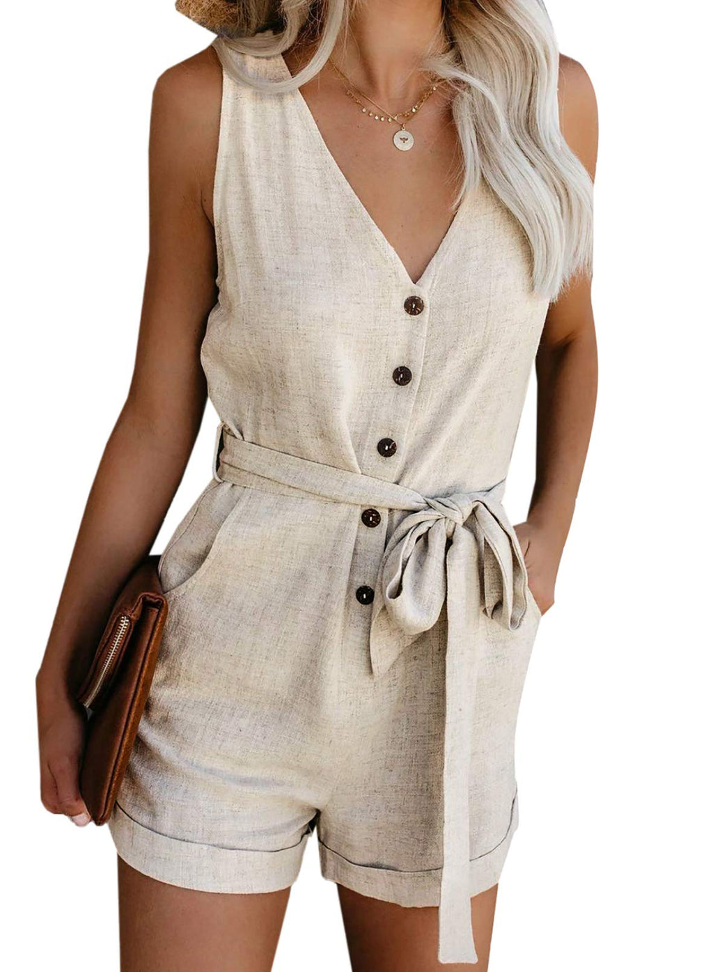 Acelitt Womens Casual Summer Crewneck Ruffle Sleeveless Rompers, XS-XXL