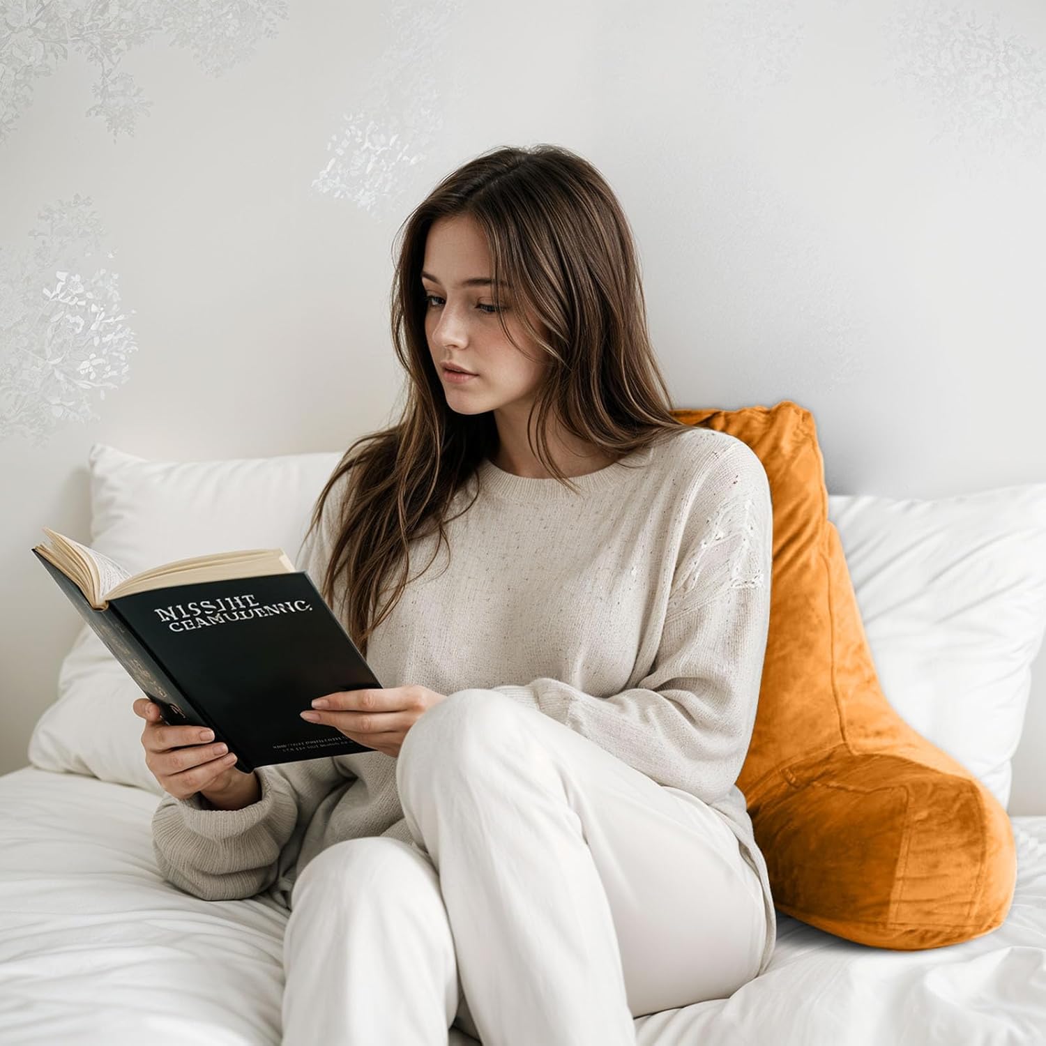 OAISZ Reading Pillow for Sitting in Bed Adult, Reading Pillow with Shredded Memory Foam, Bed Pillow with Washable Cover, Back Pillow Sitting Up with Extend Arms, Beige, X-Large